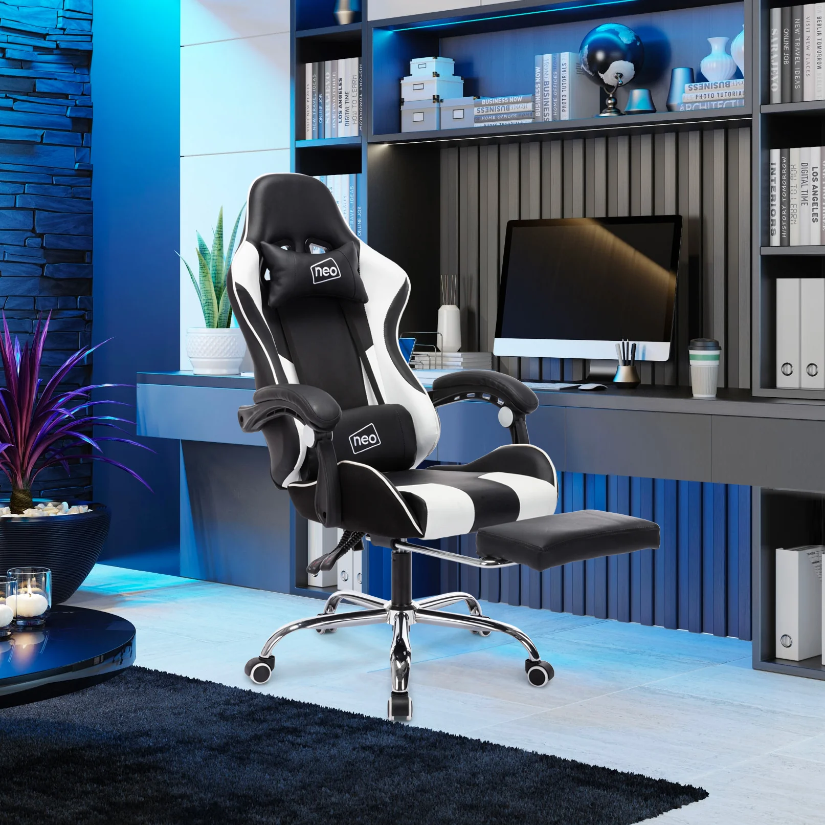 Neo Gaming Chair White  Black Leather with Massage Function & Footrest