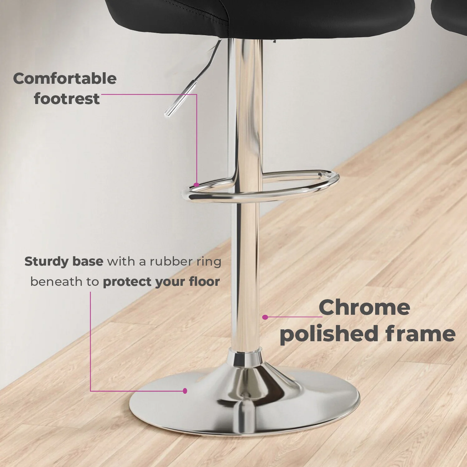 Neo Bar Stool Black Leather & Polished Steel Adjustable Base