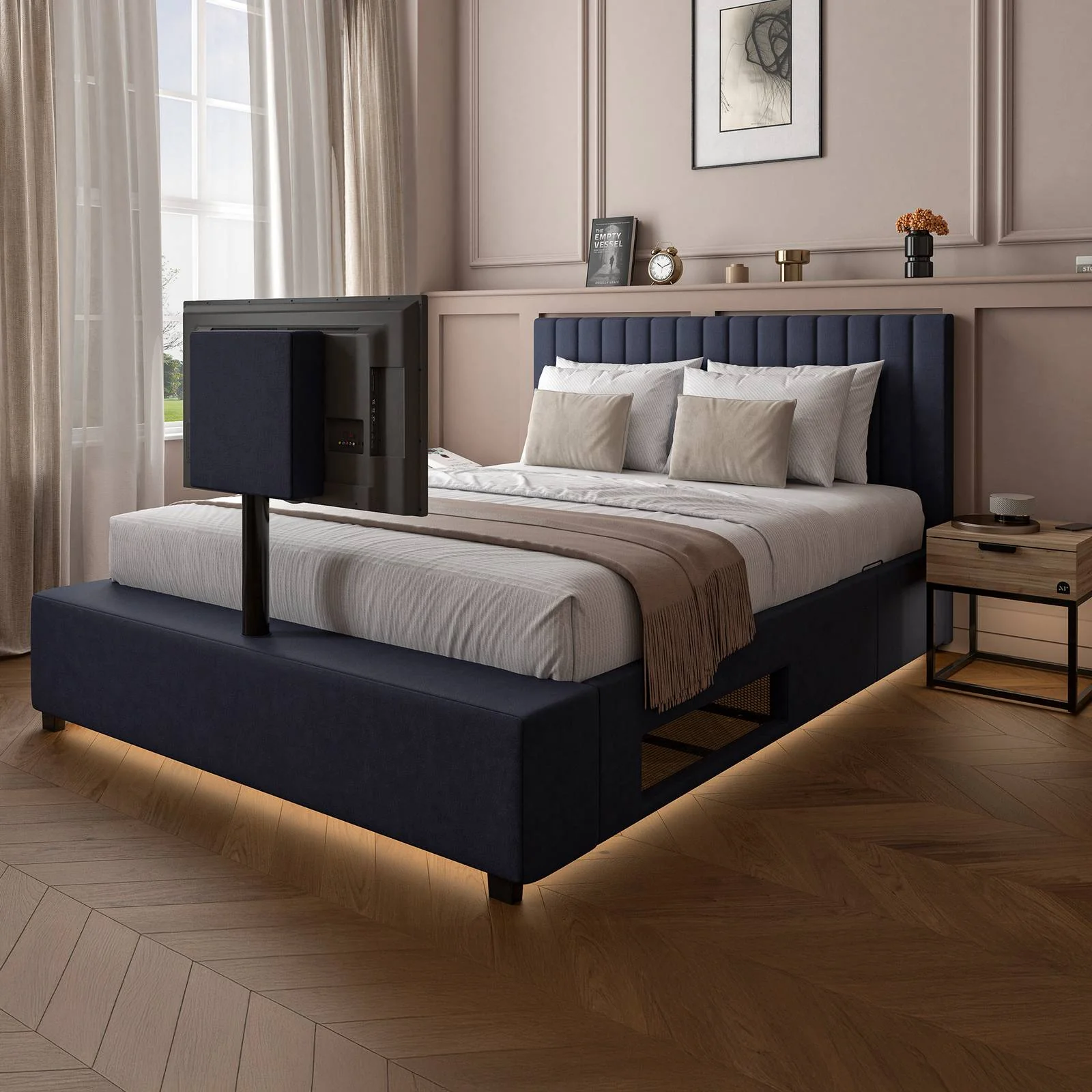 Maisie Upholstered Velvet LED TV Bed - Navy Blue (2 Sizes)