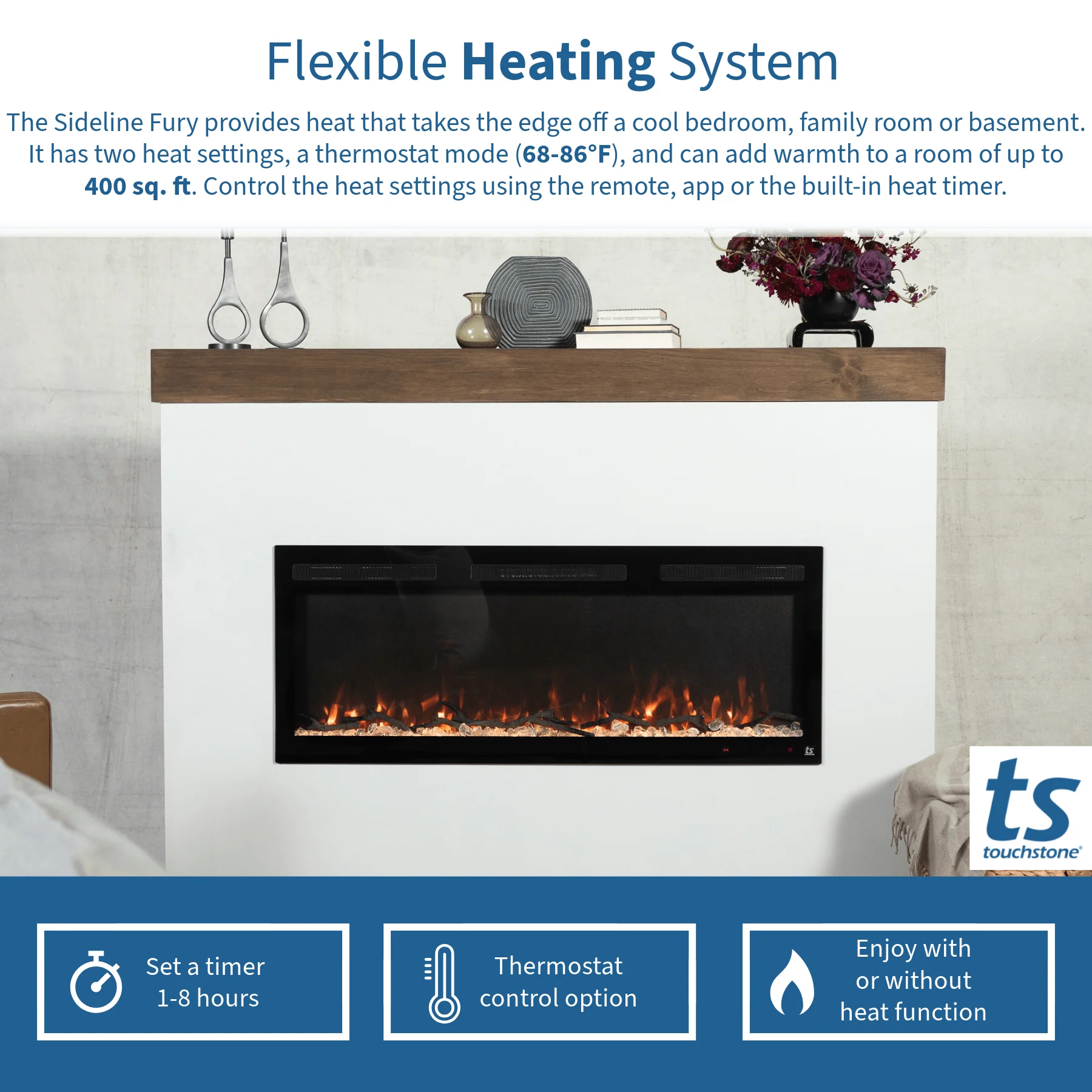 Sideline Fury 65 Inch Slim-Depth Recessed Smart Electric Fireplace 80056