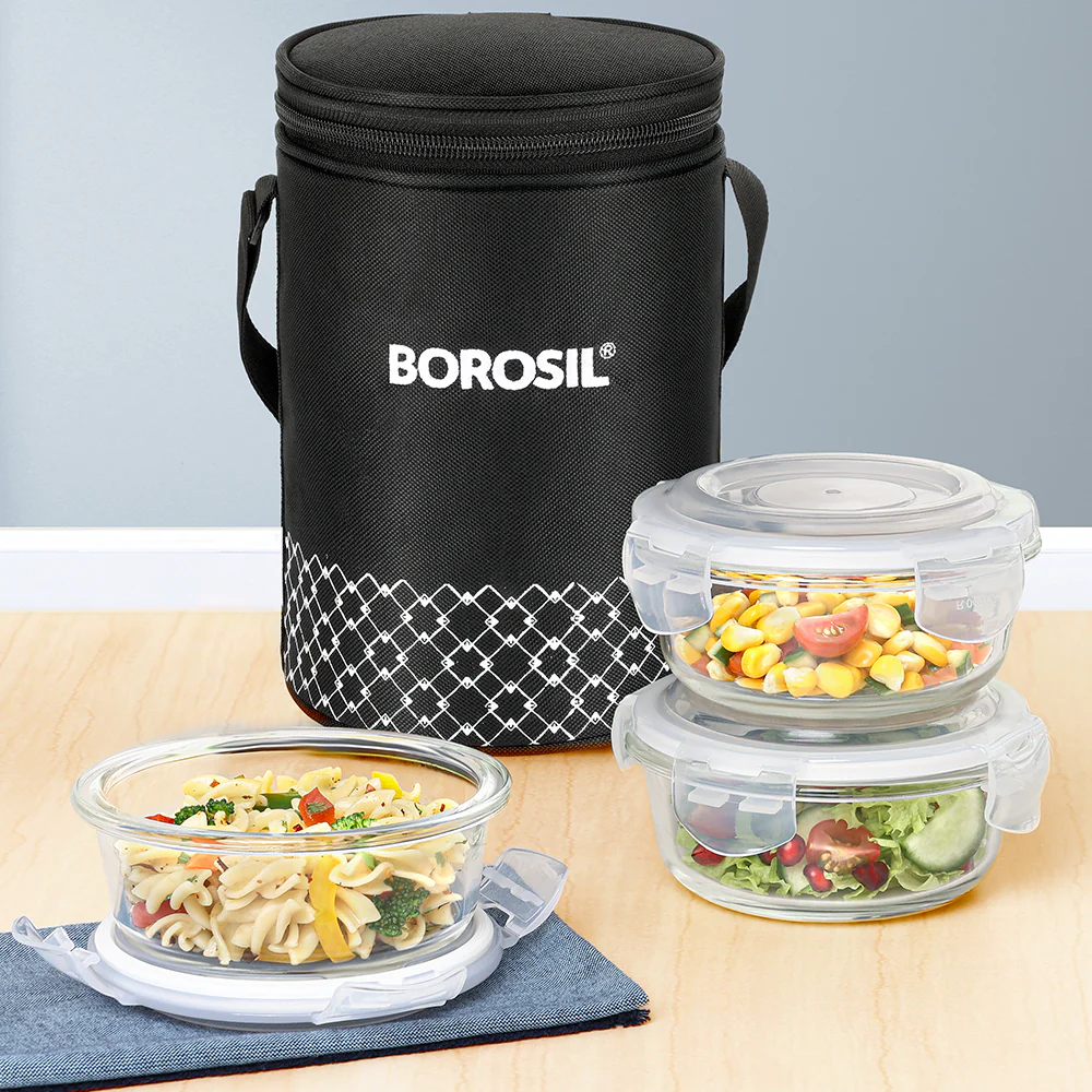 Borosil Zeal Black Lunch Bag, Round x 3 (Tall)
