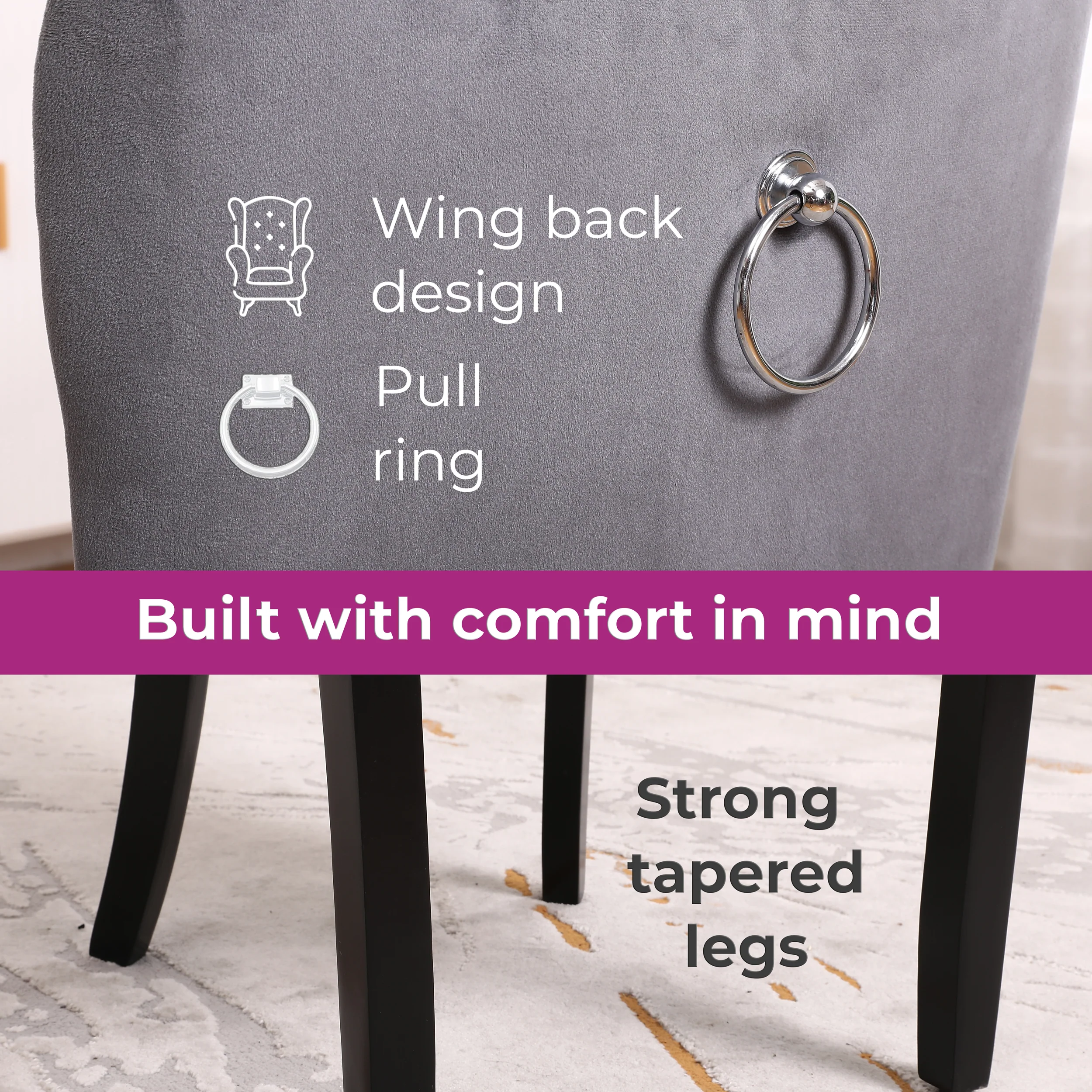 Neo Set Of Two Dark Grey Studded Velvet Dining Table Chair with Ring Knocker Detail