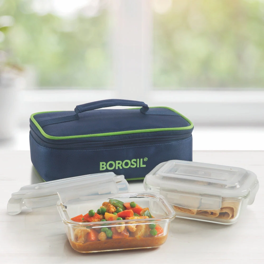 Borosil Blue Glass Lunchbox, Rectangular, 370ml + 370ml