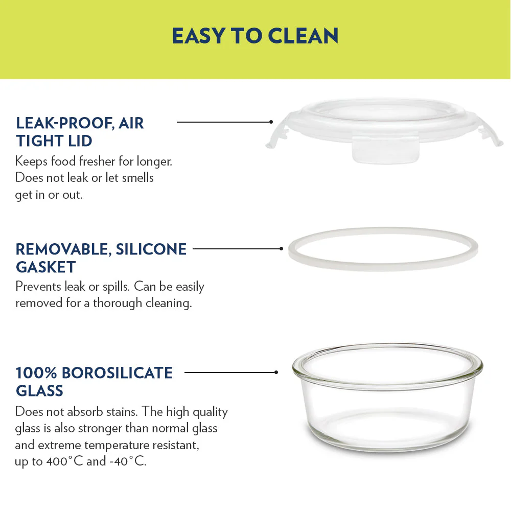 Foodluck Olive Glass Lunch Box, Round x 4, Set of 4 (400ml x 2 + 240ml x 2)