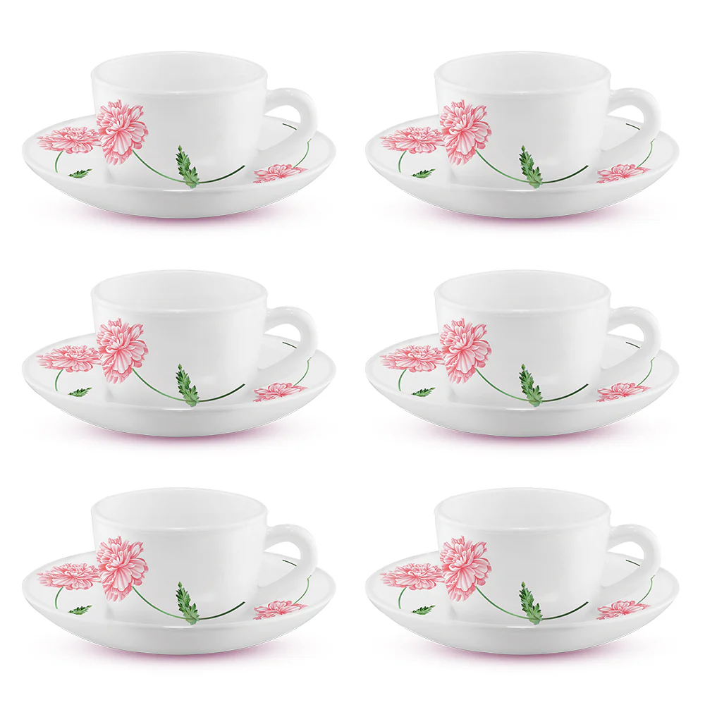 Larah by Borosil Red Mist Cup n Saucer Set, 140ml x 12