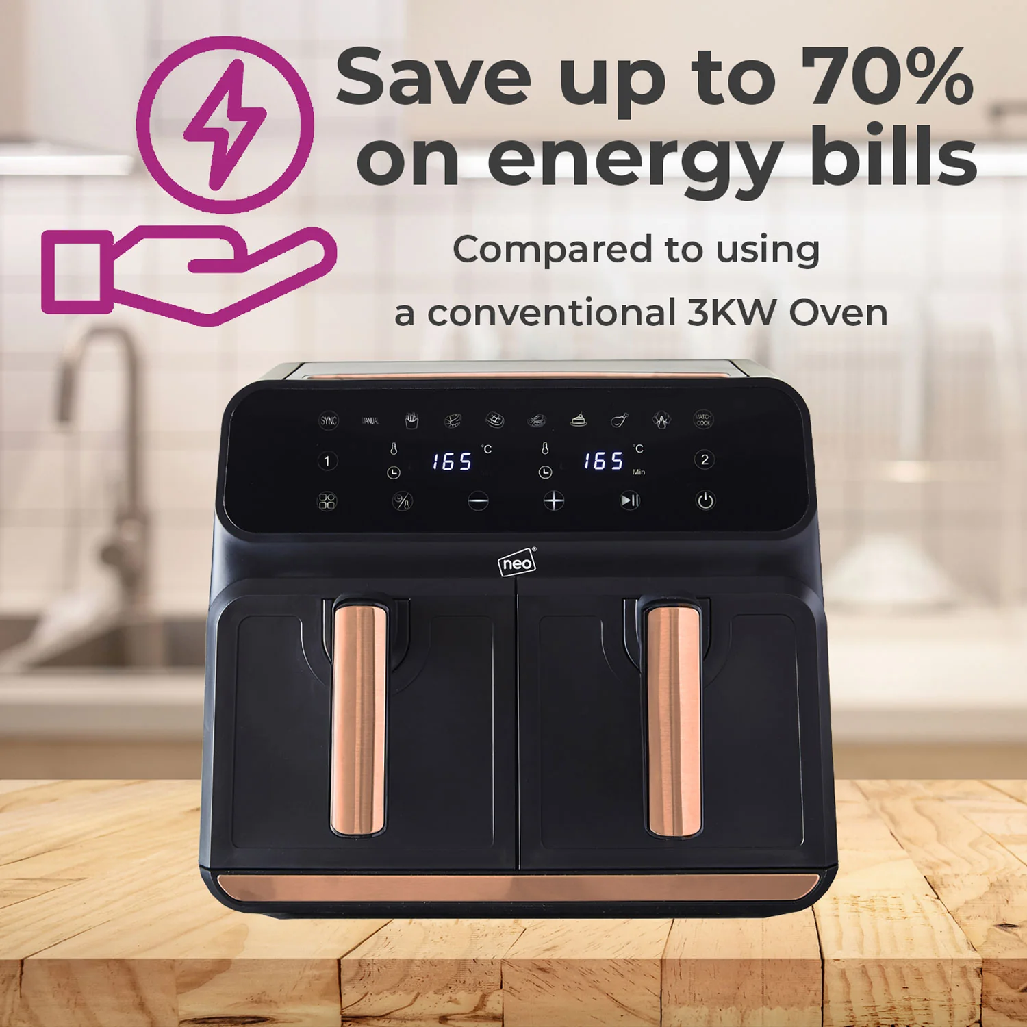 Neo Digital Electric Air Fryer Black & Copper 8.5L with Dual Drawer