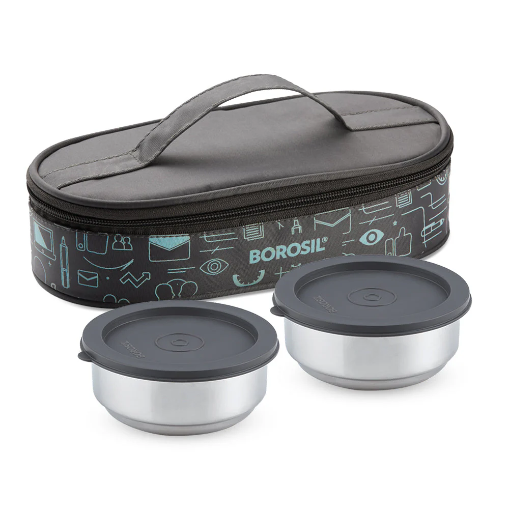 Borosil Carryfresh Lunchbox, Set of 2, Flat (Medium), 180ml