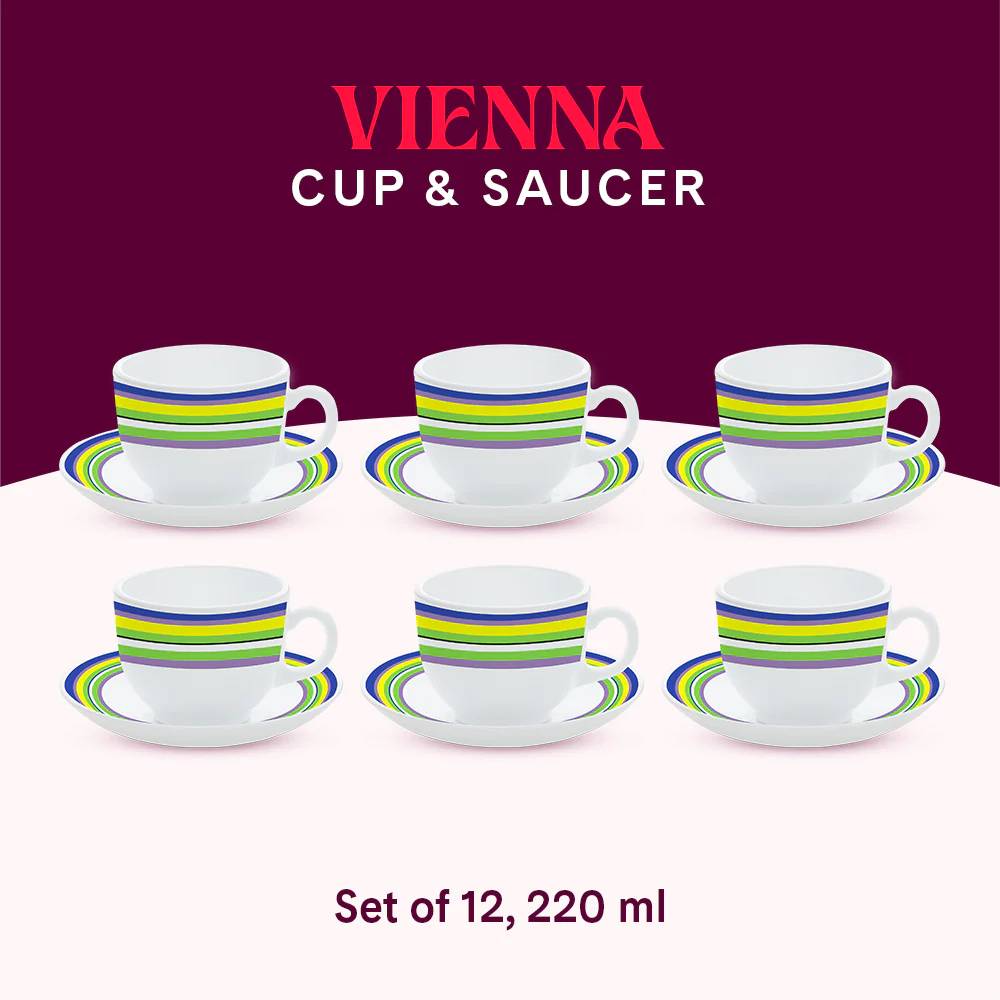 Larah by Borosil Vienna Cup n Saucers Set, 220ml x 12