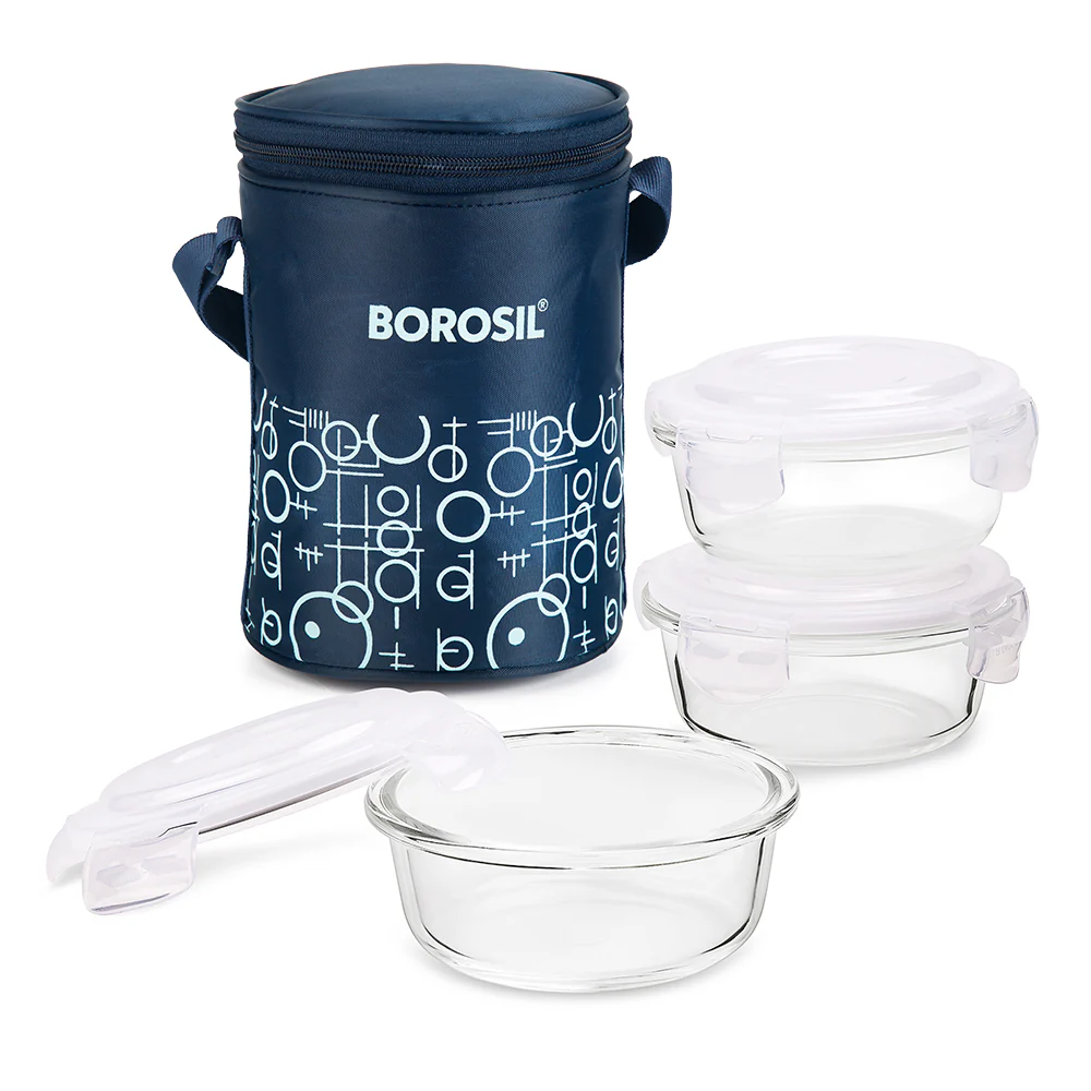 Borosil Grace Navy Glass Lunchbox, Round x 3