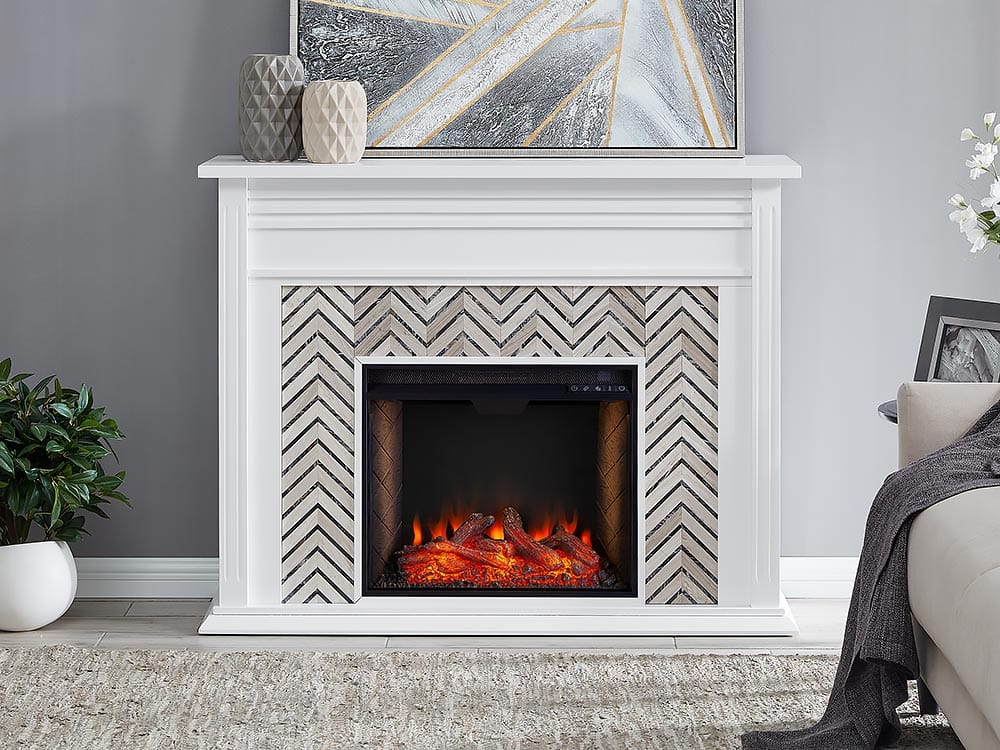 Hebbington Electric Fireplace Mantel Package in White w/ Smart Firebox