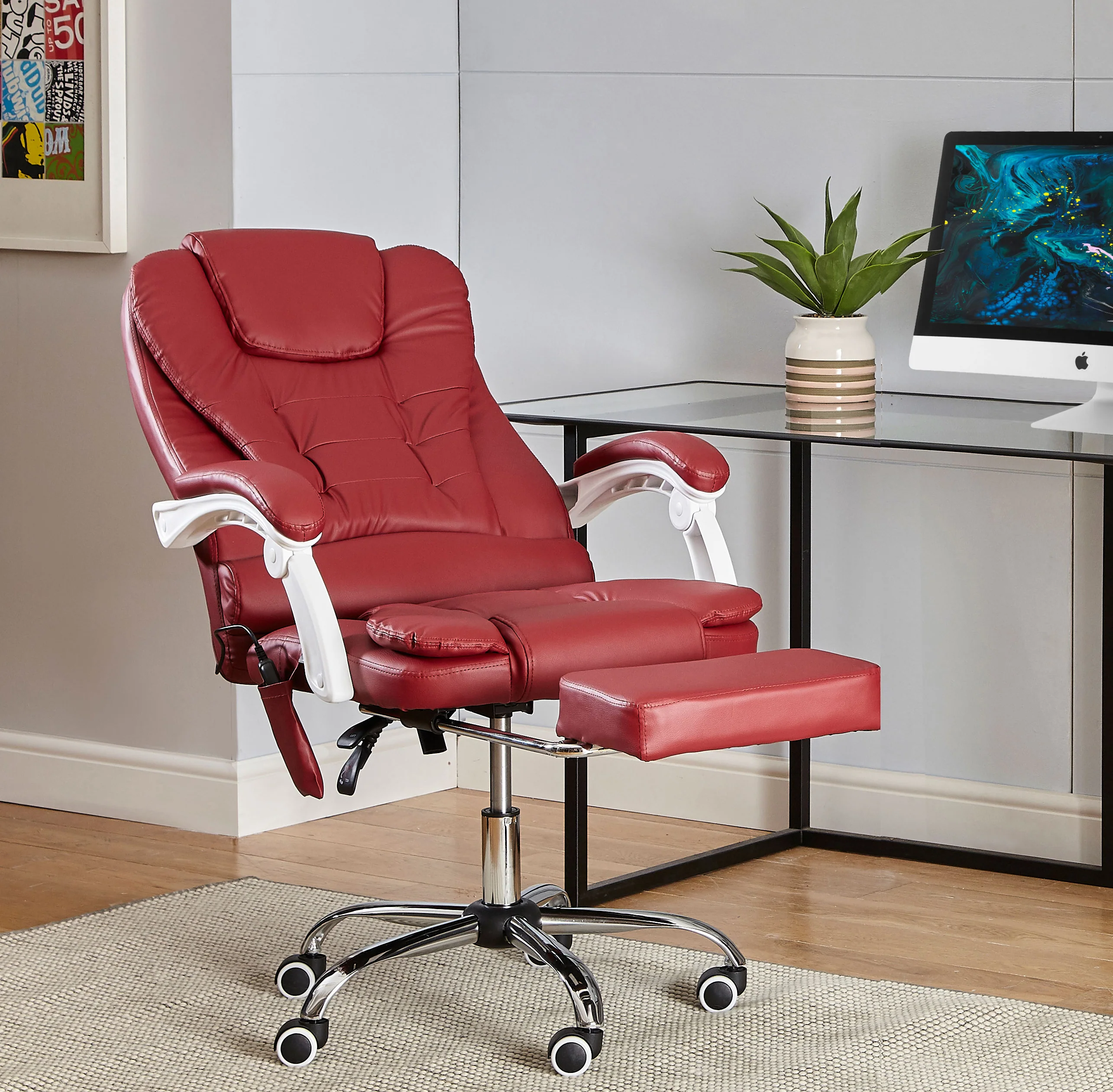 Neo Office Chair Burgundy Faux Leather With Footrest & Massage Function Steel Frame