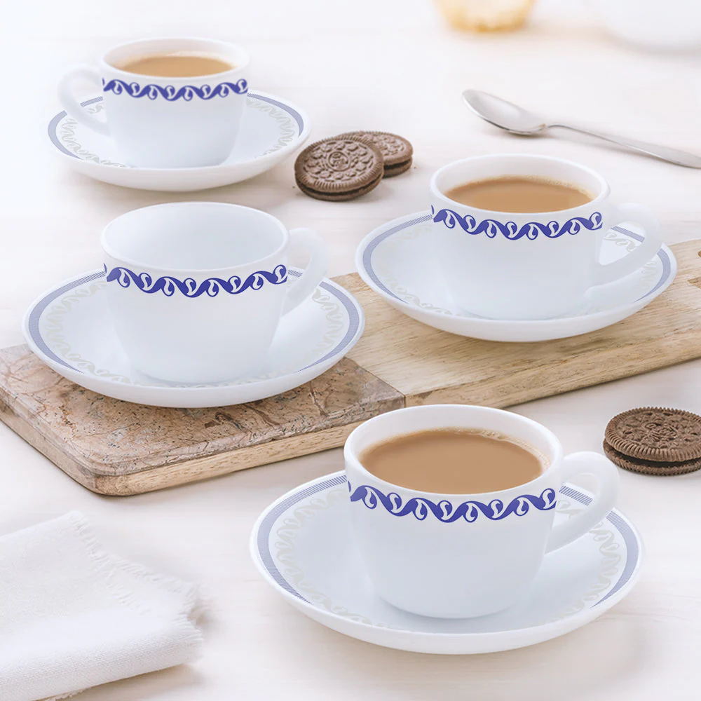 Larah by Borosil Jazzblue Cup n Saucer Set, 140ml x 8