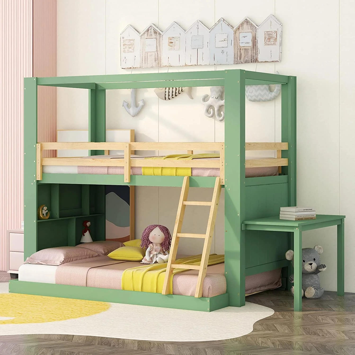 Bunk Beds with Stairs Desk and Seat with 2 Storage Drawers for Kids Teens