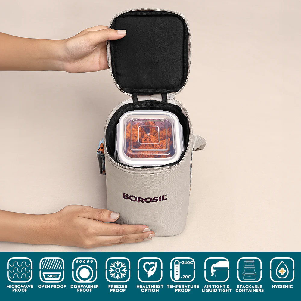 Borosil Kube Pink Glass Lunch Box, Square x 3 (Tall), Set of 3, 320ml