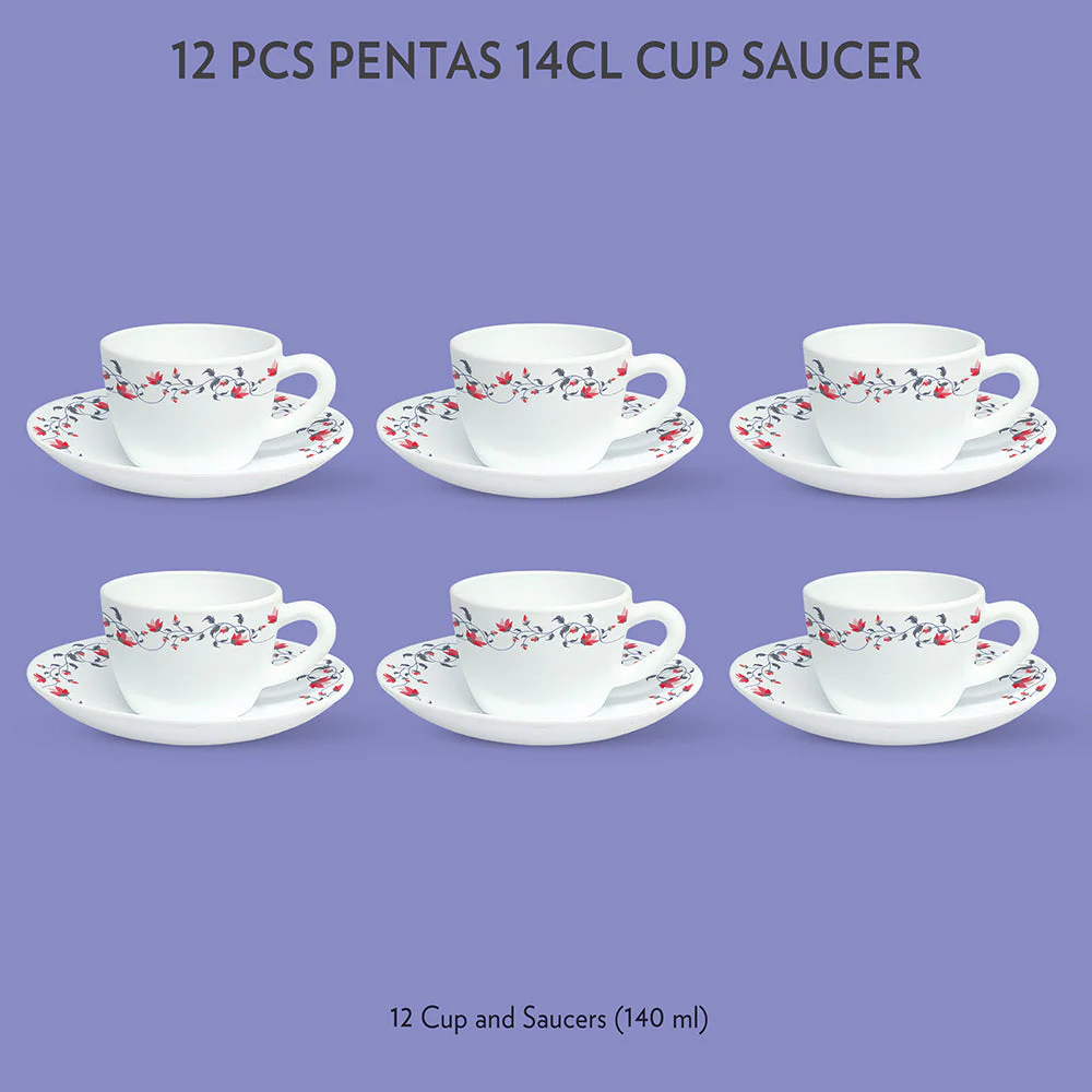 Larah by Borosil, Opalware, Microwave Safe, Pentas Cup n Saucer Set of 12, 140ml