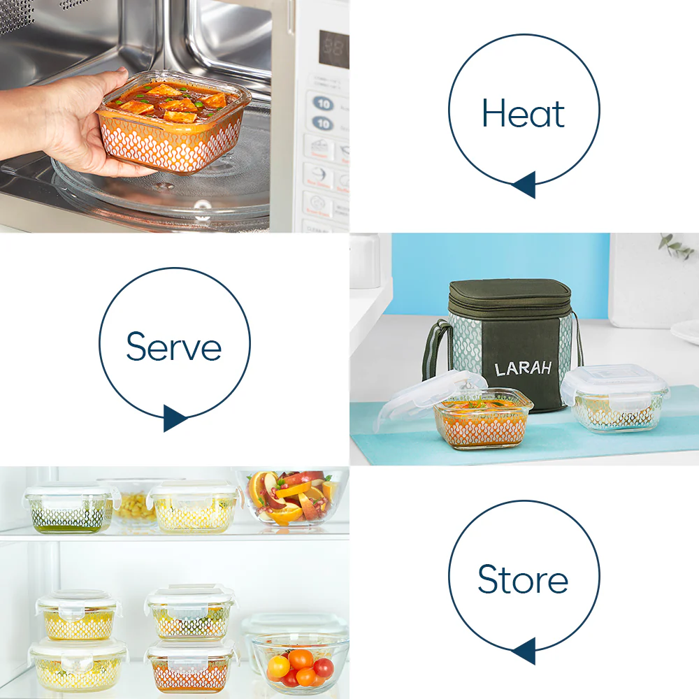 Larah Gracia Glass Lunchbox, Square x 2 (Tall), 320ml x 2