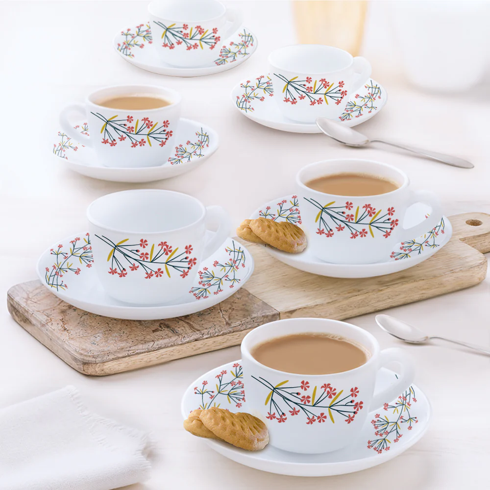 Larah By Borosil Red Bud Cup n Saucer Set, 140ml x 12