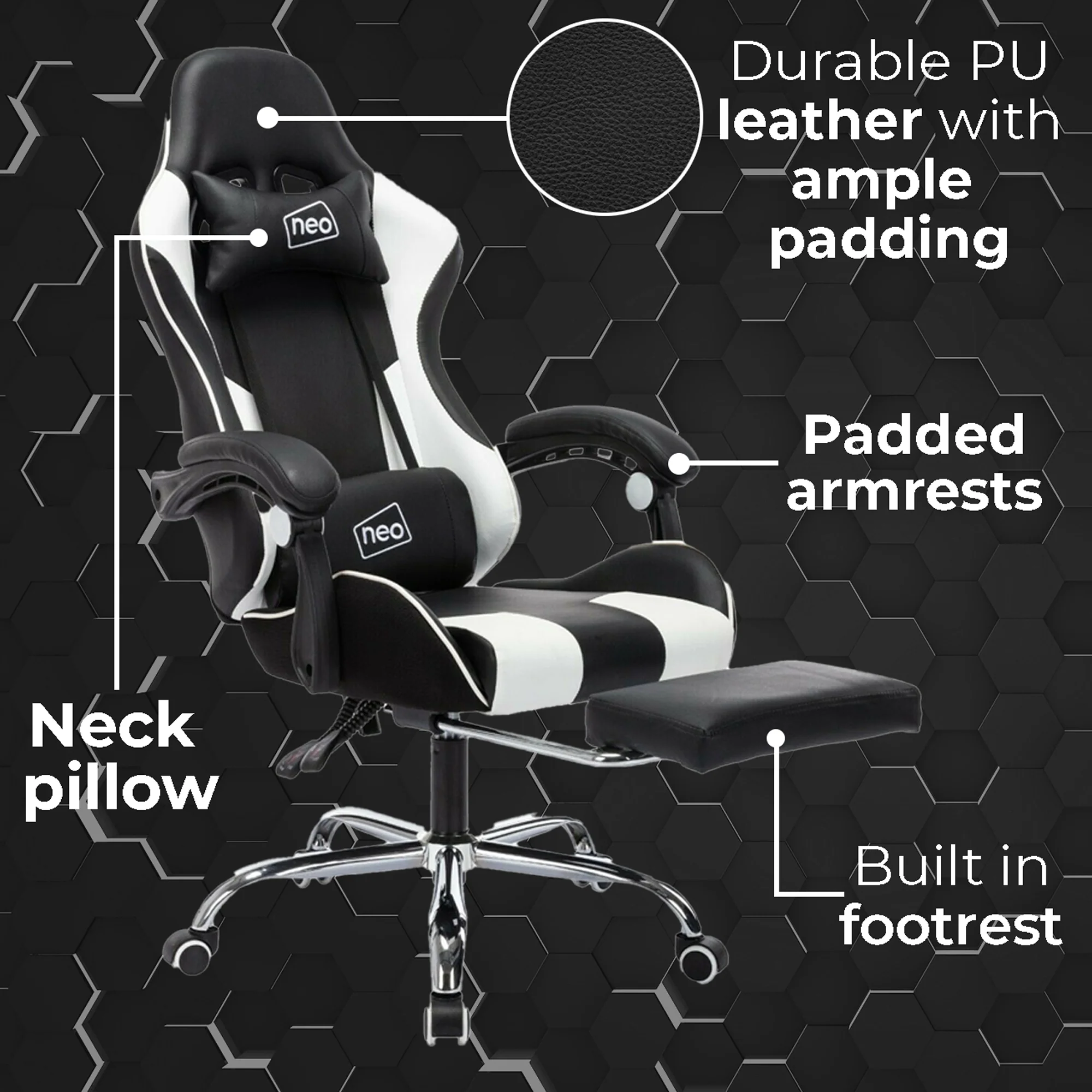 Neo Gaming Chair White  Black Leather with Massage Function & Footrest