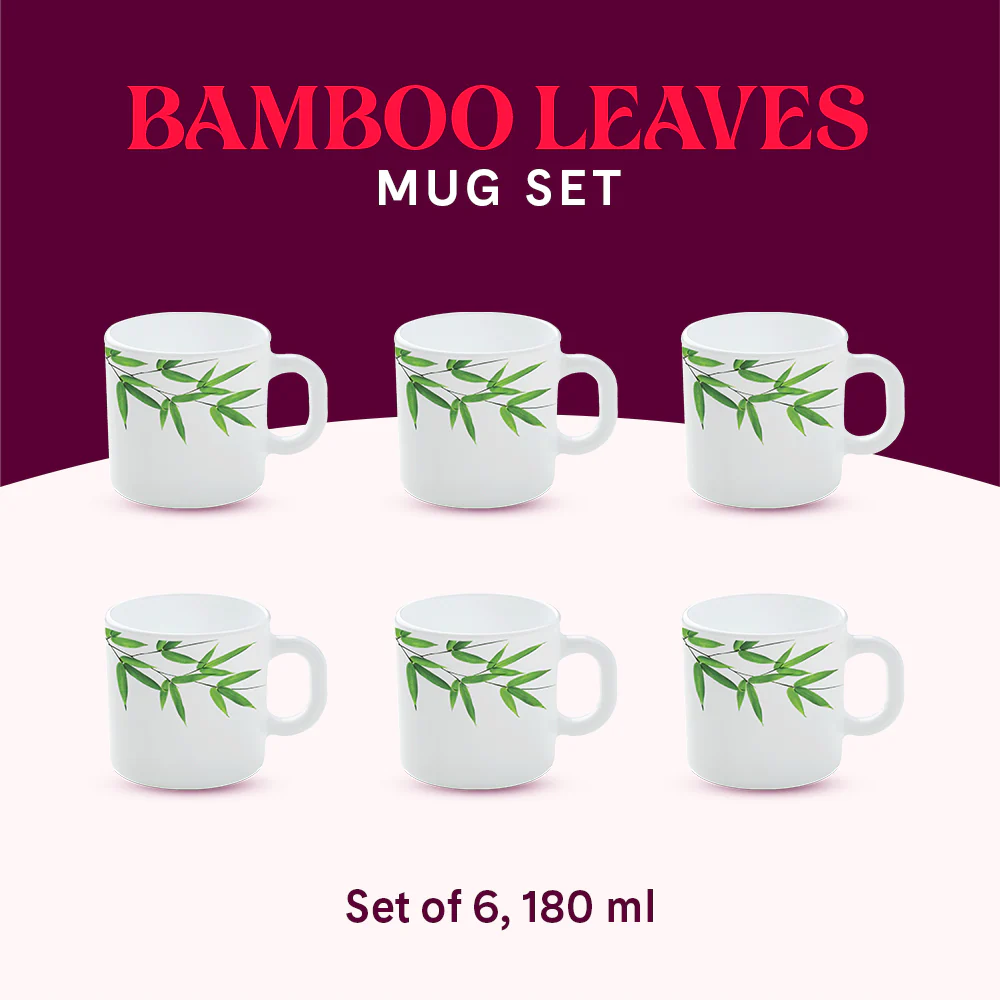 Larah by Borosil Bamboo Leaves Mug Set, 180ml x 6