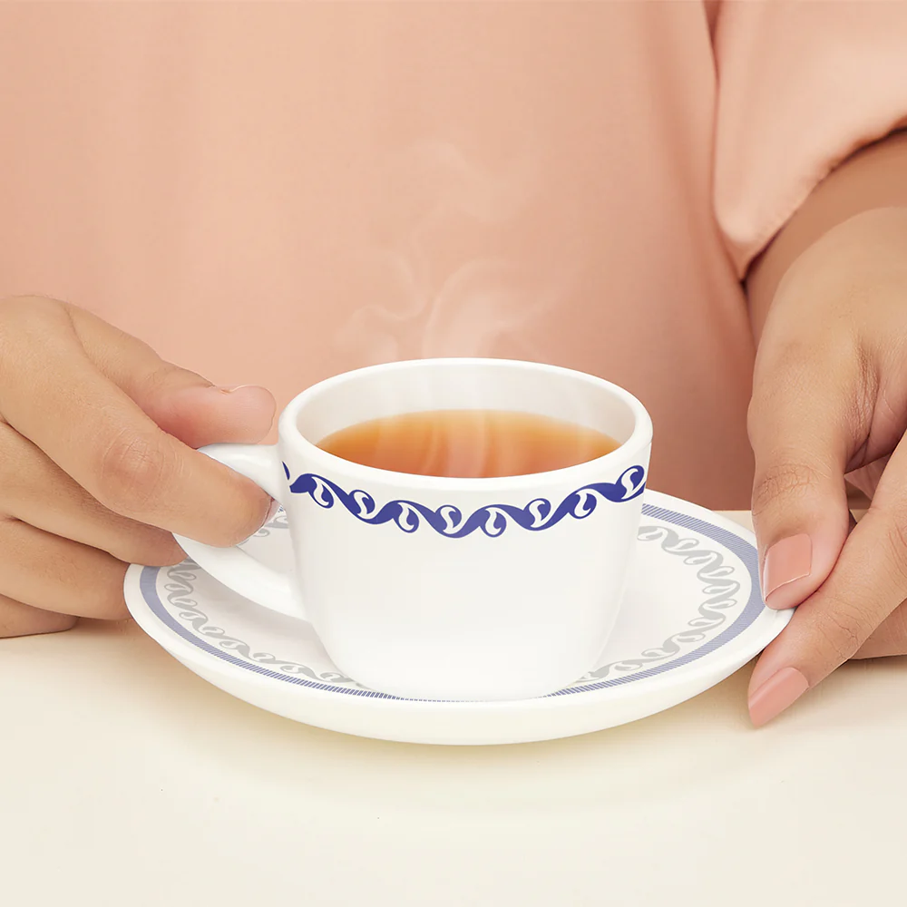 Larah by Borosil Jazzblue Cup n Saucer Set, 140ml x 12