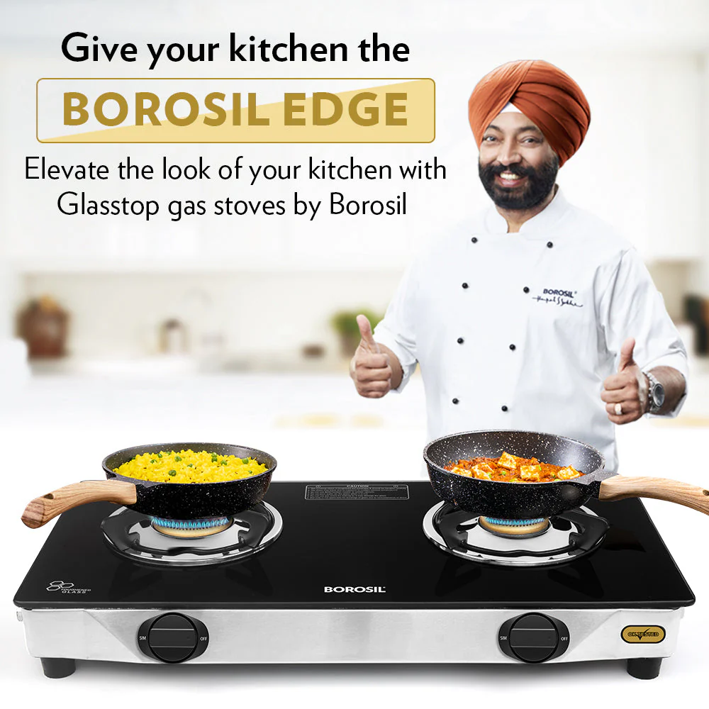 Borosil Blaze Glass-top Gas stove, 2 Burners (1 Large & 1 Small)