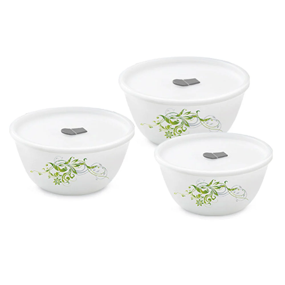 Larah by Borosil Erba Mixing Bowl Set w Lid, 500ml + 750ml + 1 L