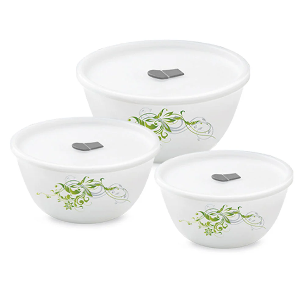 Larah by Borosil Erba Mixing Bowl Set w Lid, 500ml + 750ml + 1 L