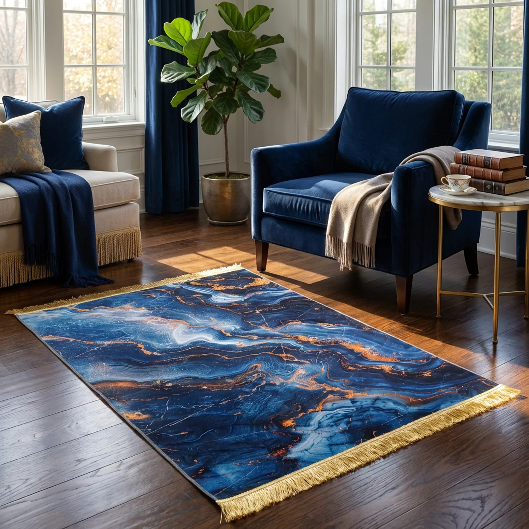 1.5 x 2m 3D Marble Design Carpet Blue & Gold