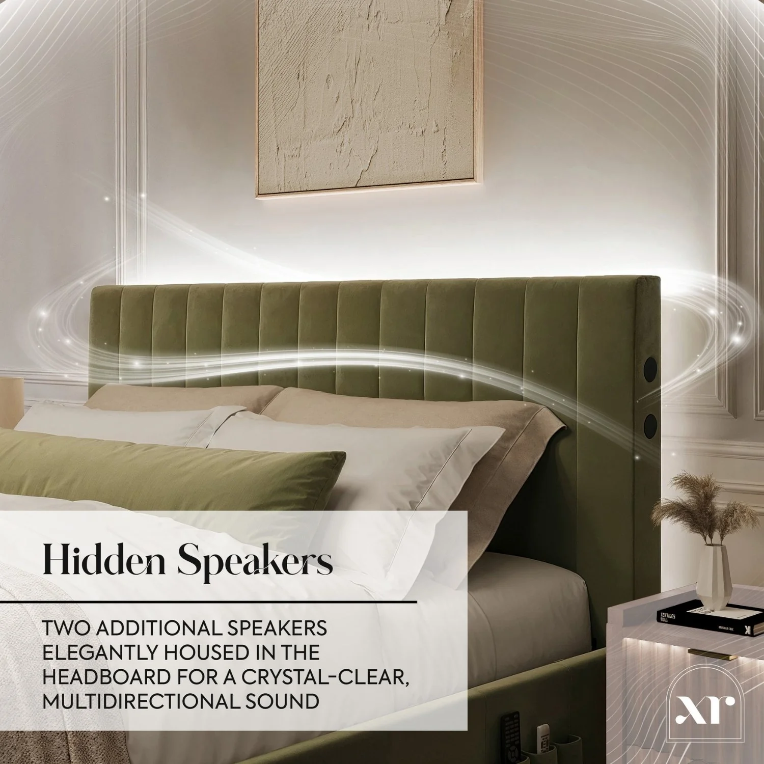 Maisie 5.1 Ottoman Bed with Electric TV Lift, True Surround Sound and App Controlled LED Lights - Olive Green