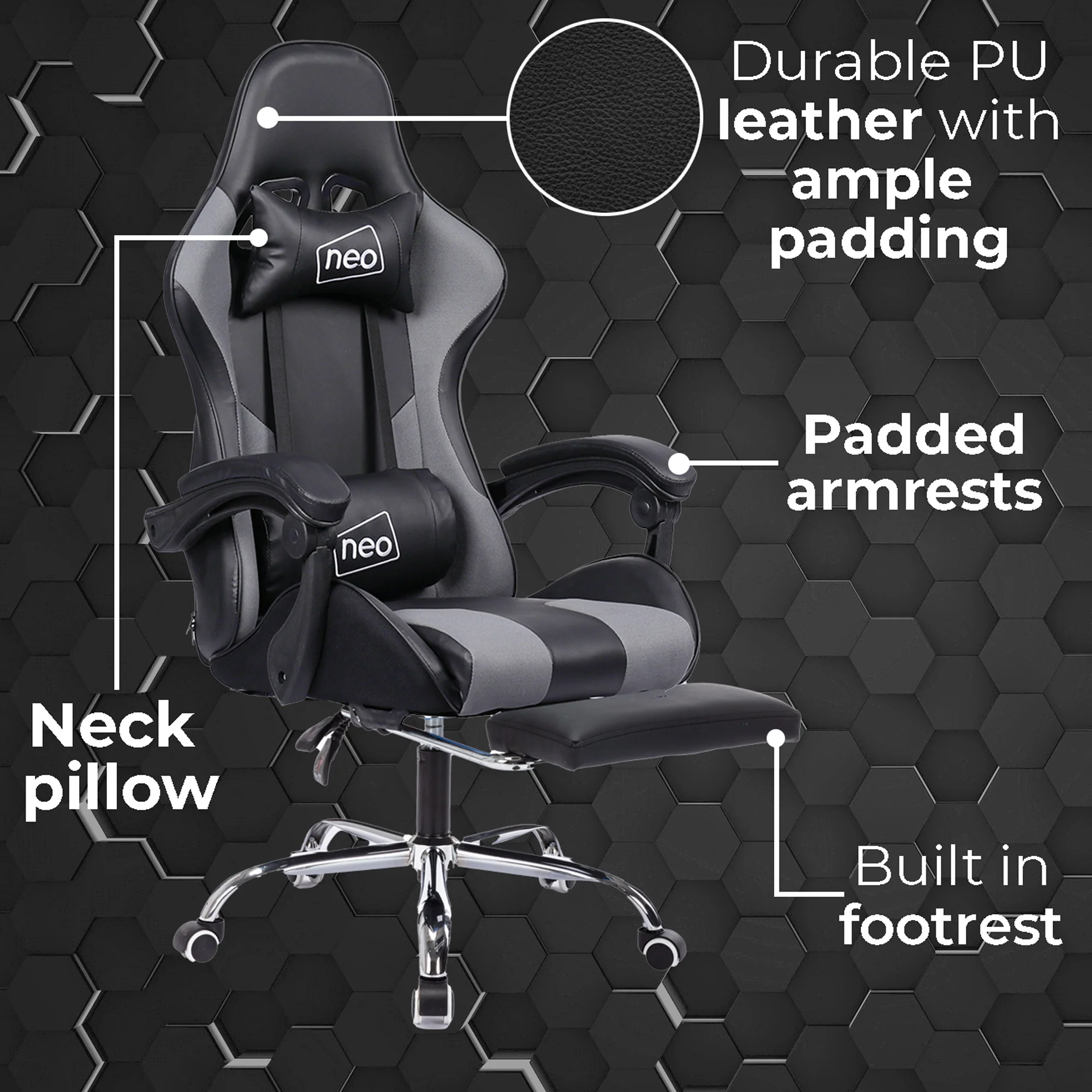 Neo  Gaming Chair Grey & Black Leather with Massage Function