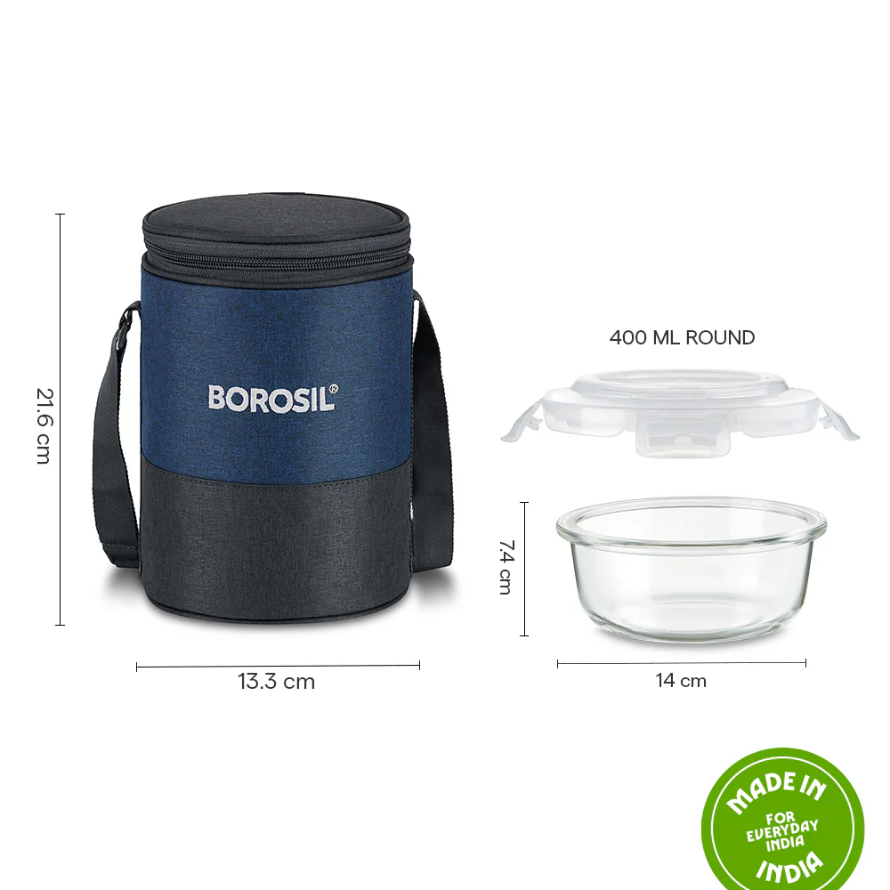 Elite Blue Grey Glass Lunch Box, Round x 3 (Tall), Set of 3, 400ml