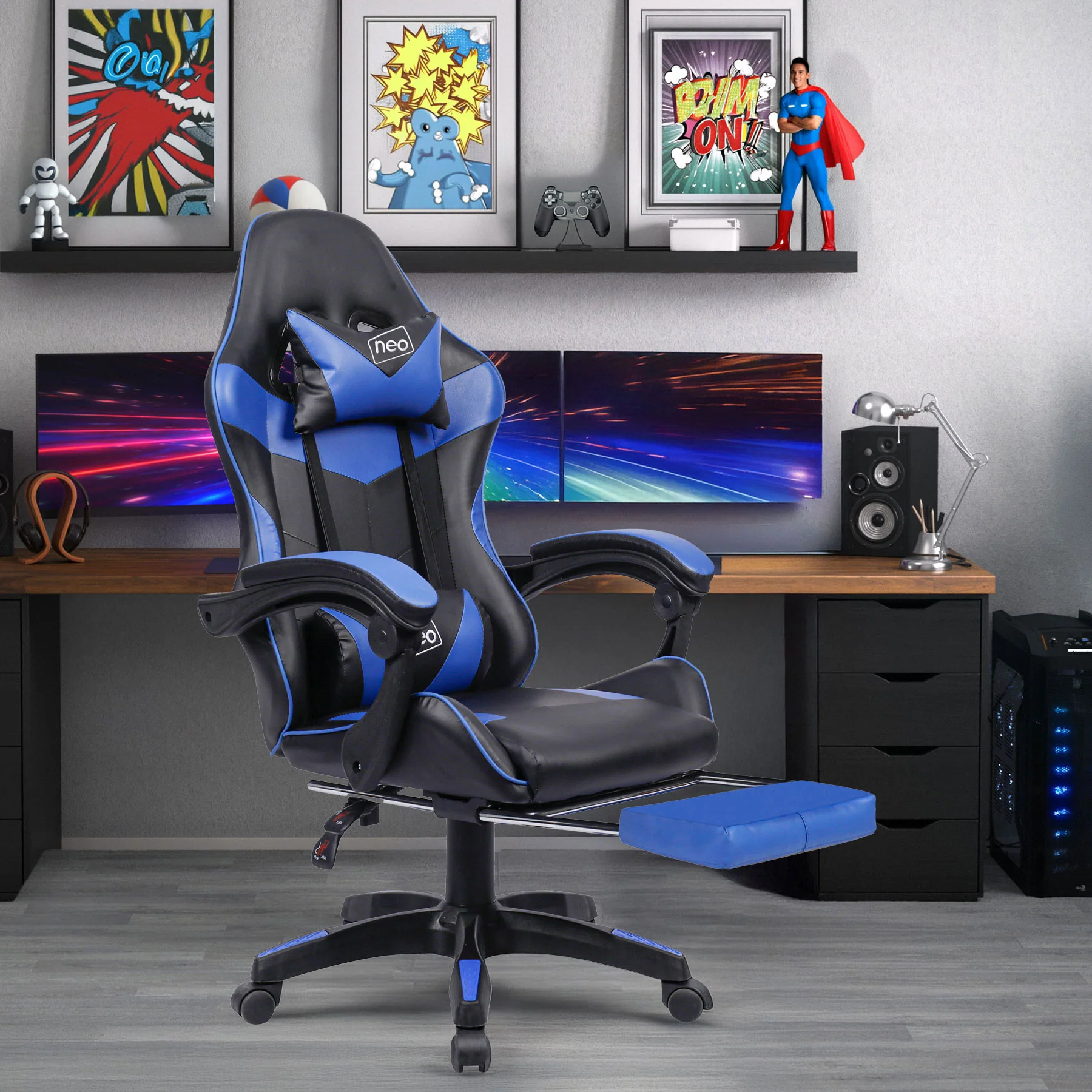 Neo Gaming Chair Blue & Black PU Leather With Footrest