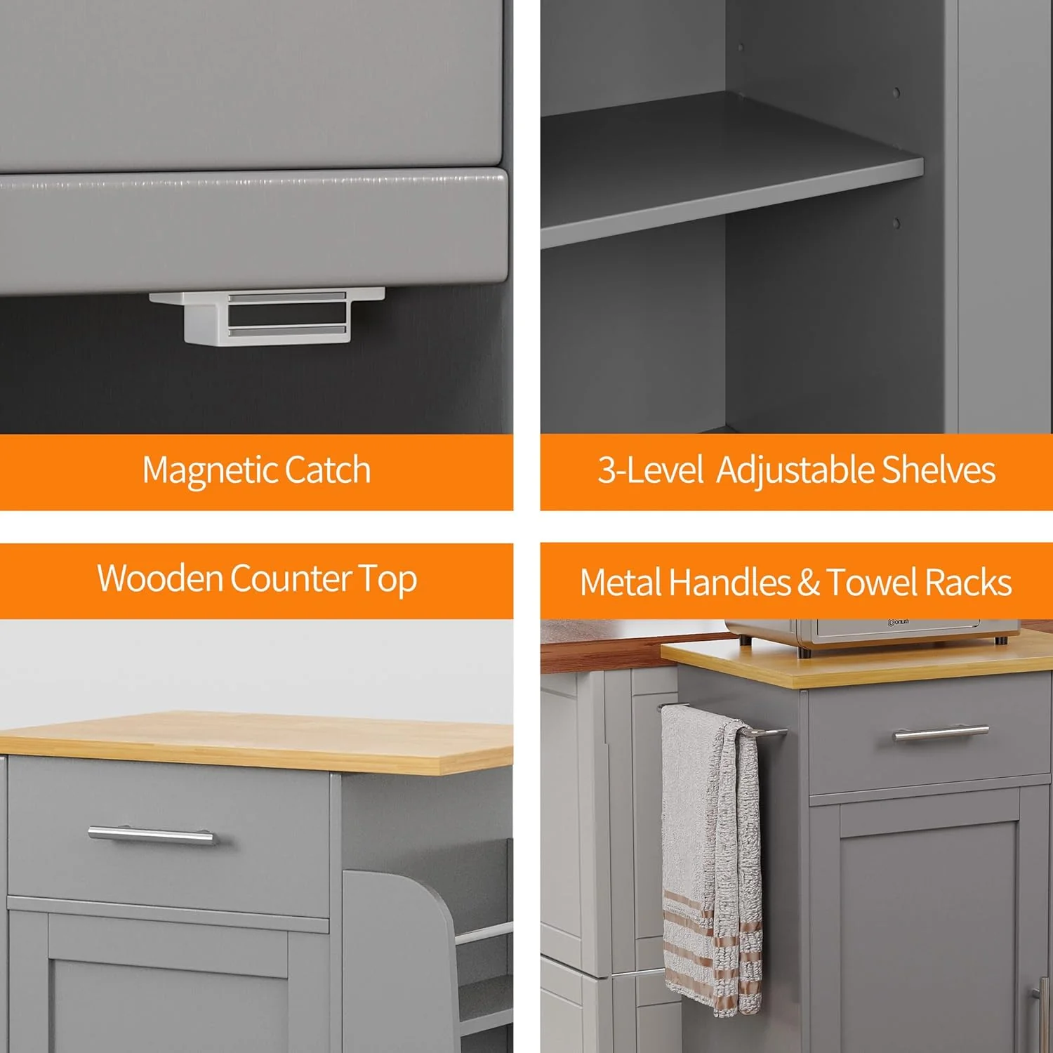 Small Kitchen Island on Wheels with 3-Tier Side Spice Rack and Rubber Wood Top