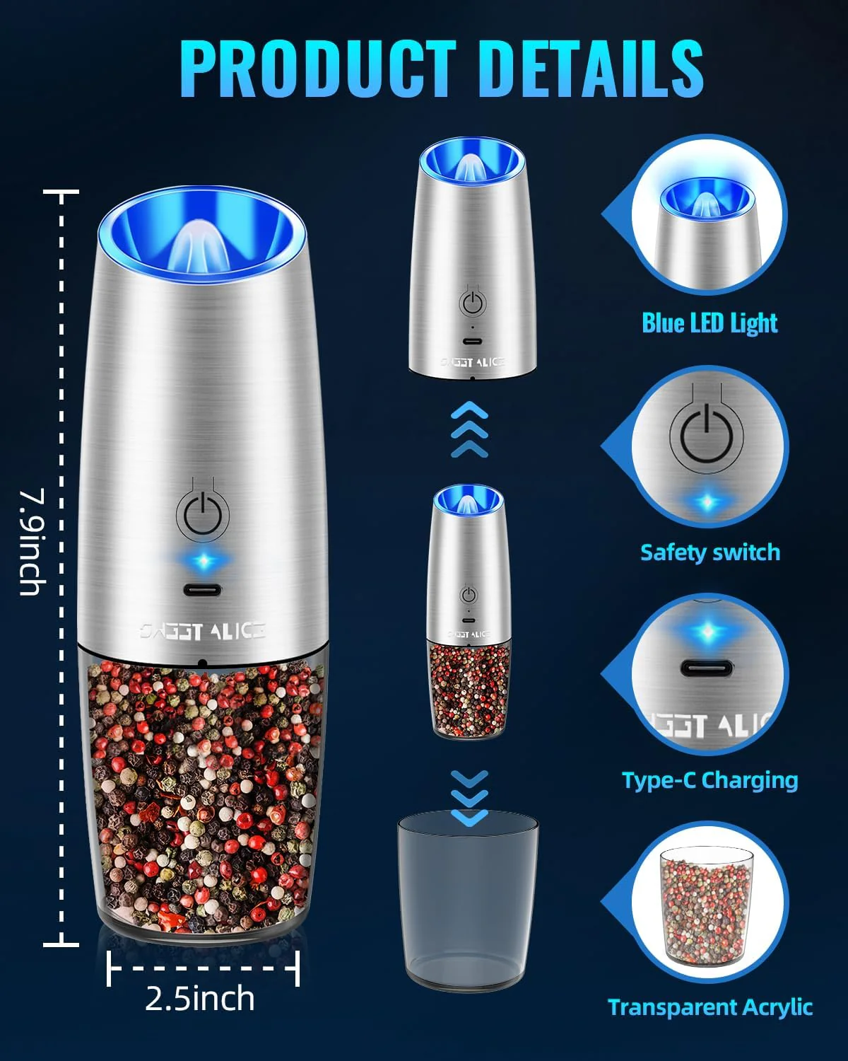 Electric Salt & Pepper Grinder Set, Adjustable Coarseness, LED, One-Hand Use, Stainless Steel 2-Pack