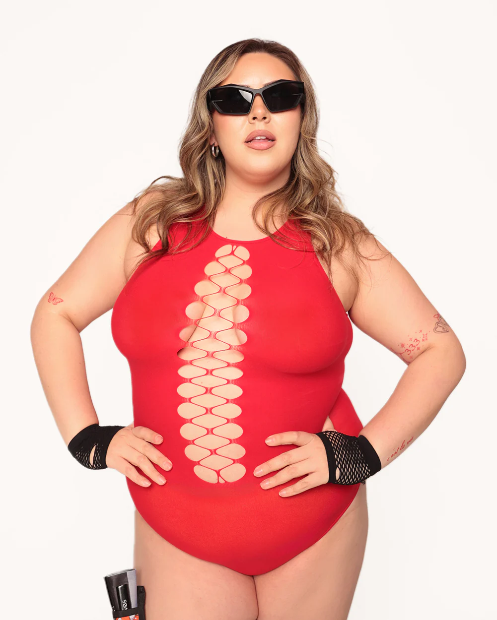 Bass Destruction Cutout Bodysuit-Red