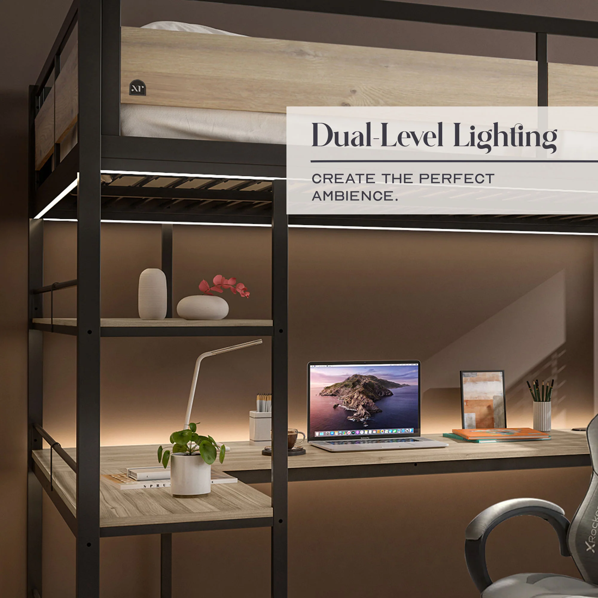 Denver LED High Sleeper Double Bunk Bed with Desk - Oak / Black RGB