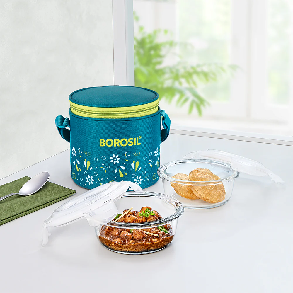 Borosil Grace Marine Glass Lunchbox, Round x 2 (Tall)