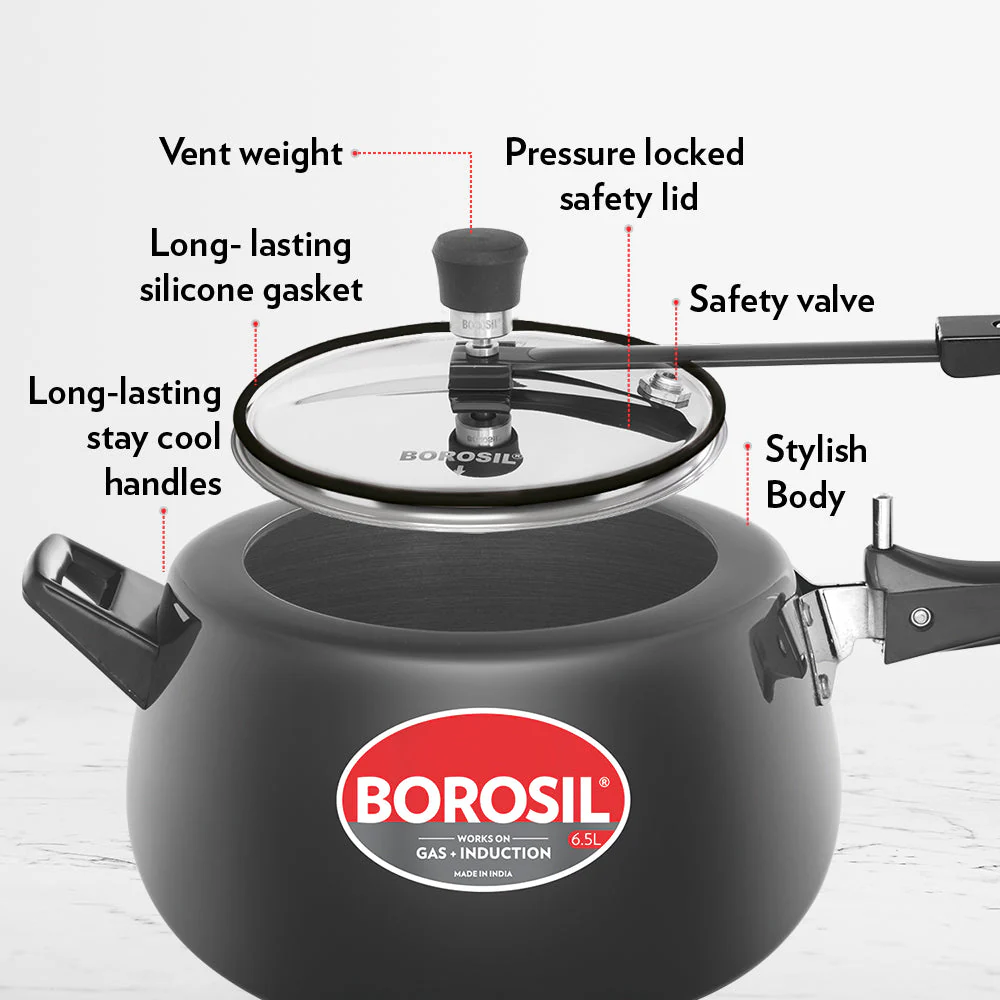 Borosil Pronto Hard Anodised Pressure Cooker, 6.5L