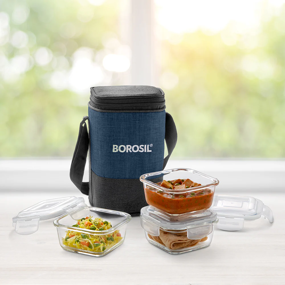 Elite Blue Grey Glass Lunch Box, Square x 3 (Tall), Set of 3, 320ml