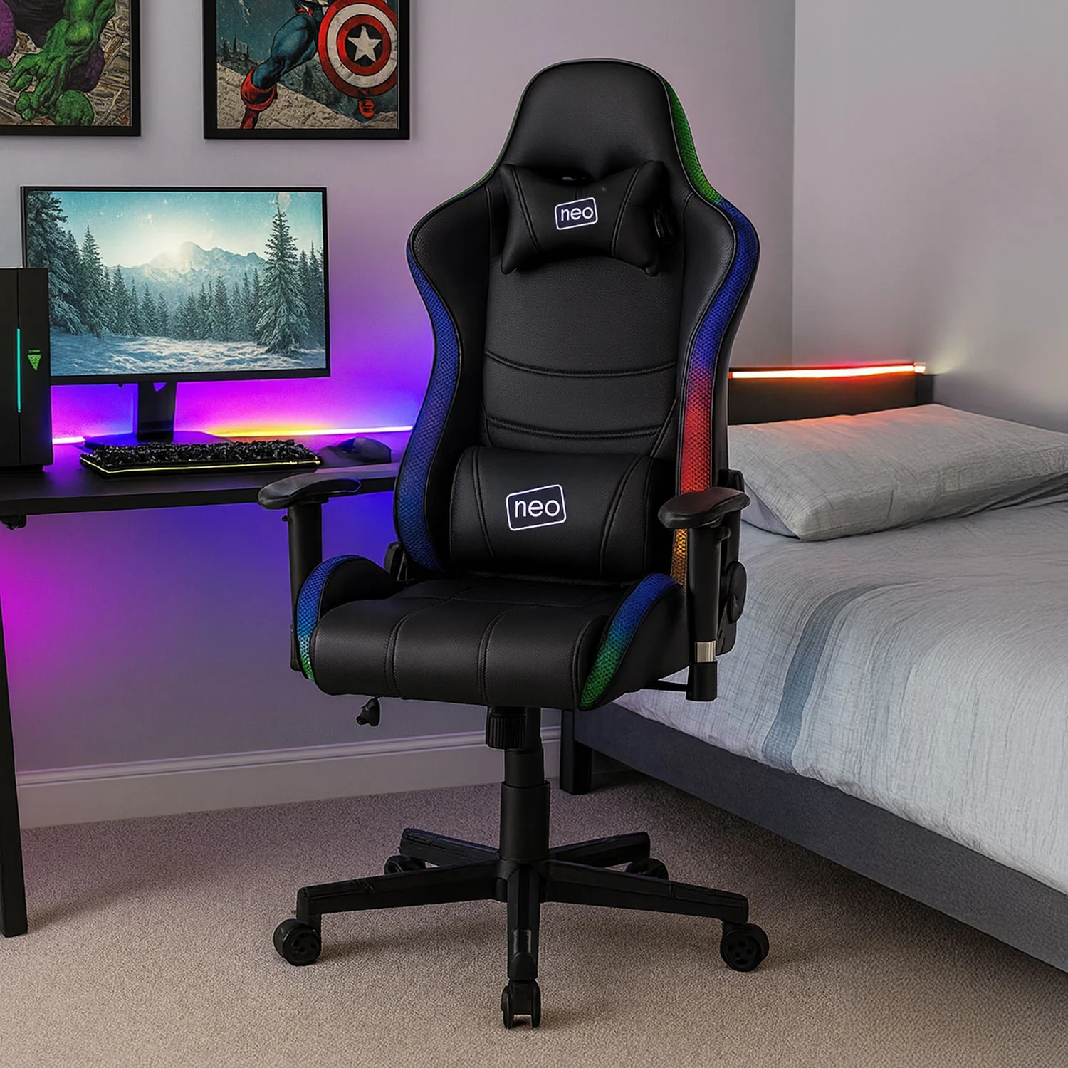 Neo Gaming Chair Black Leather with LED Lights