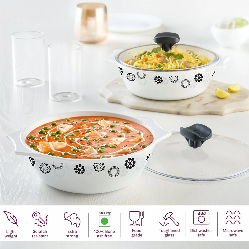 Borosil Kitchen Delight Set-Buy Inner Lid Pressure Cooker 5 L & Get 1 L x 2 Casseroles with Lid Free Worth ₹ 1,499/-