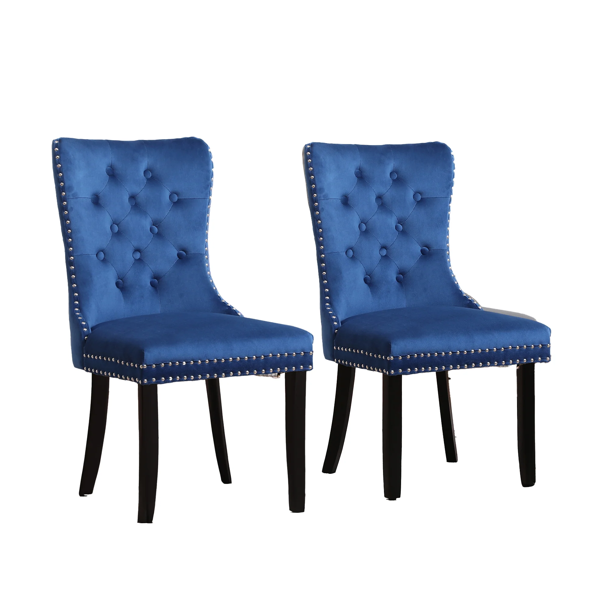 Neo Set Of Two Midnight Blue Studded Velvet Dining Chairs with Ring Knocker Detail