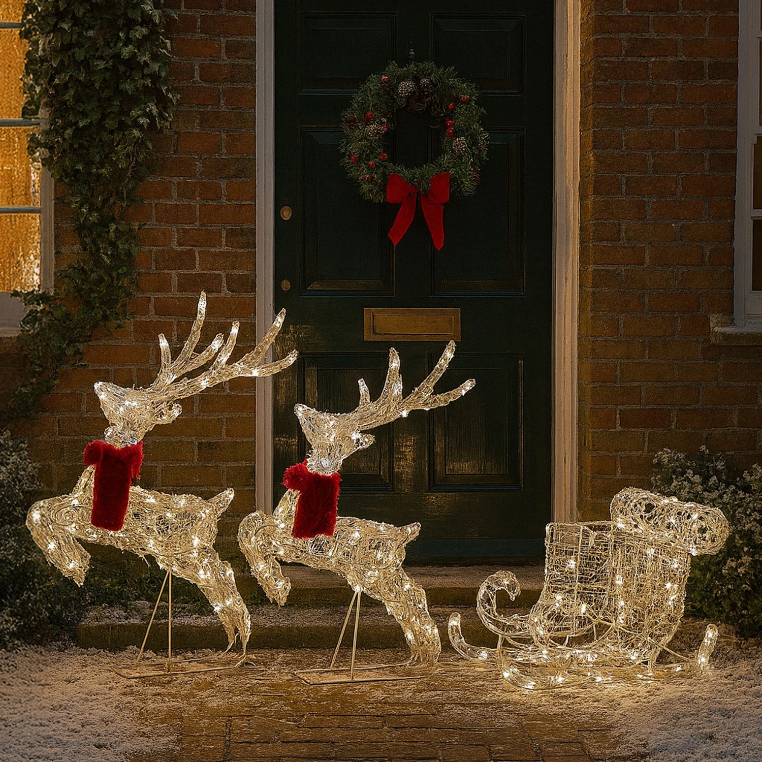 Neo 240 LED Christmas Sleigh Reindeer Outdoor Decoration Warm Bright White Mixed Light Effects Timer 65cm Reindeers Weatherproof Frame 6 Ground Hooks Included