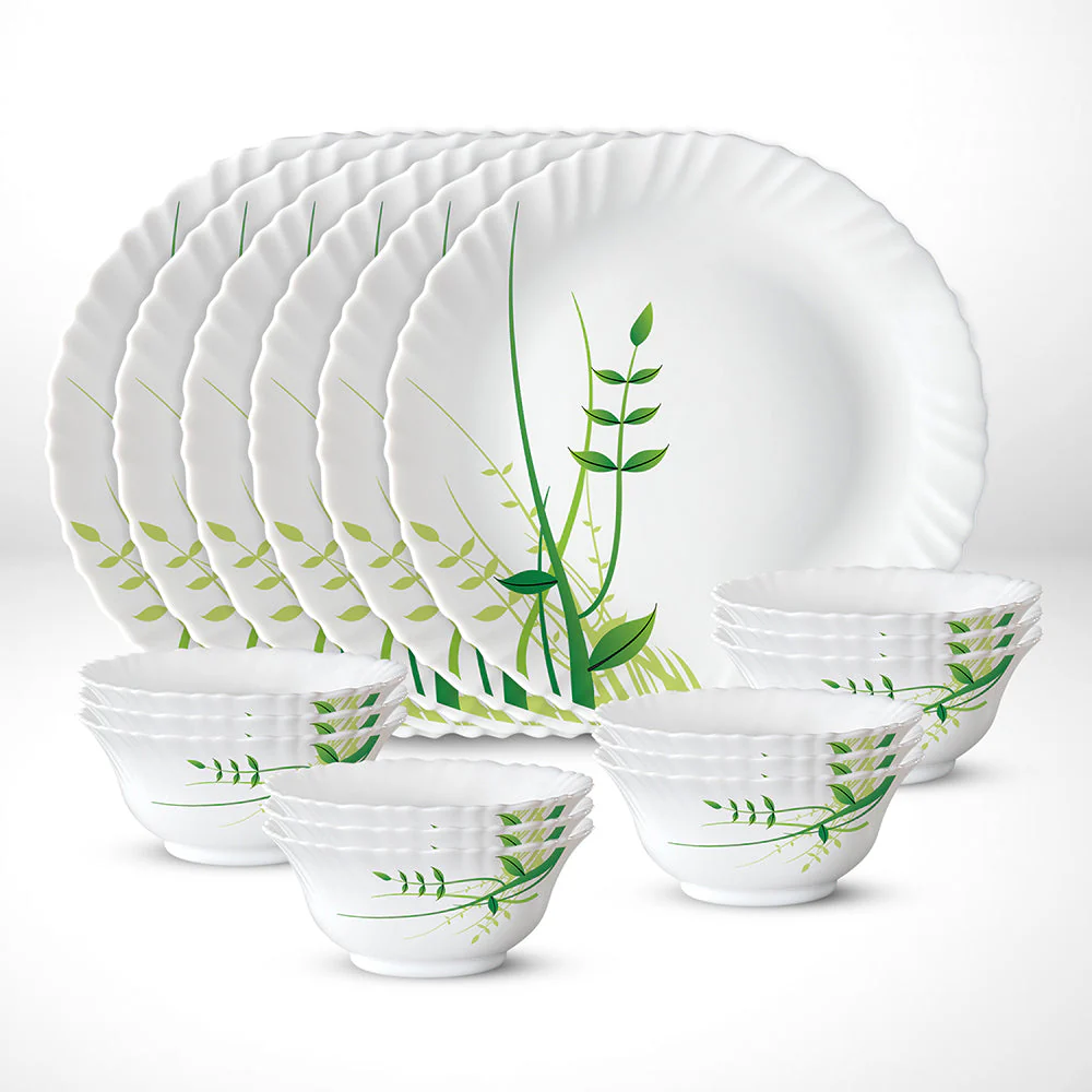 Larah by Borosil Green Herbs Thali Set, 6 Plates + 12 Bowls