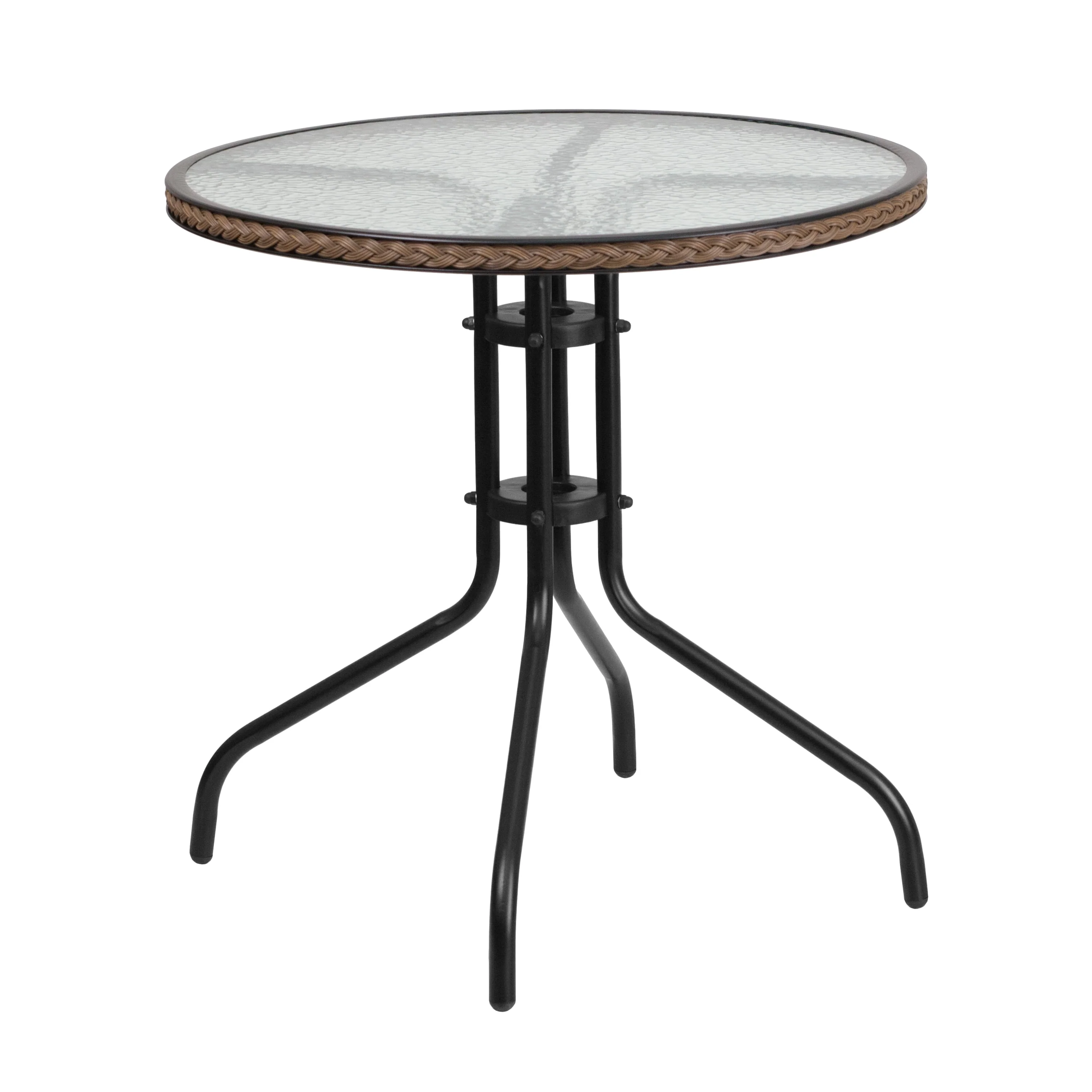 28 Inches Round Glass Metal Table with Rattan Edging and 2 Rattan Stack Chairs
