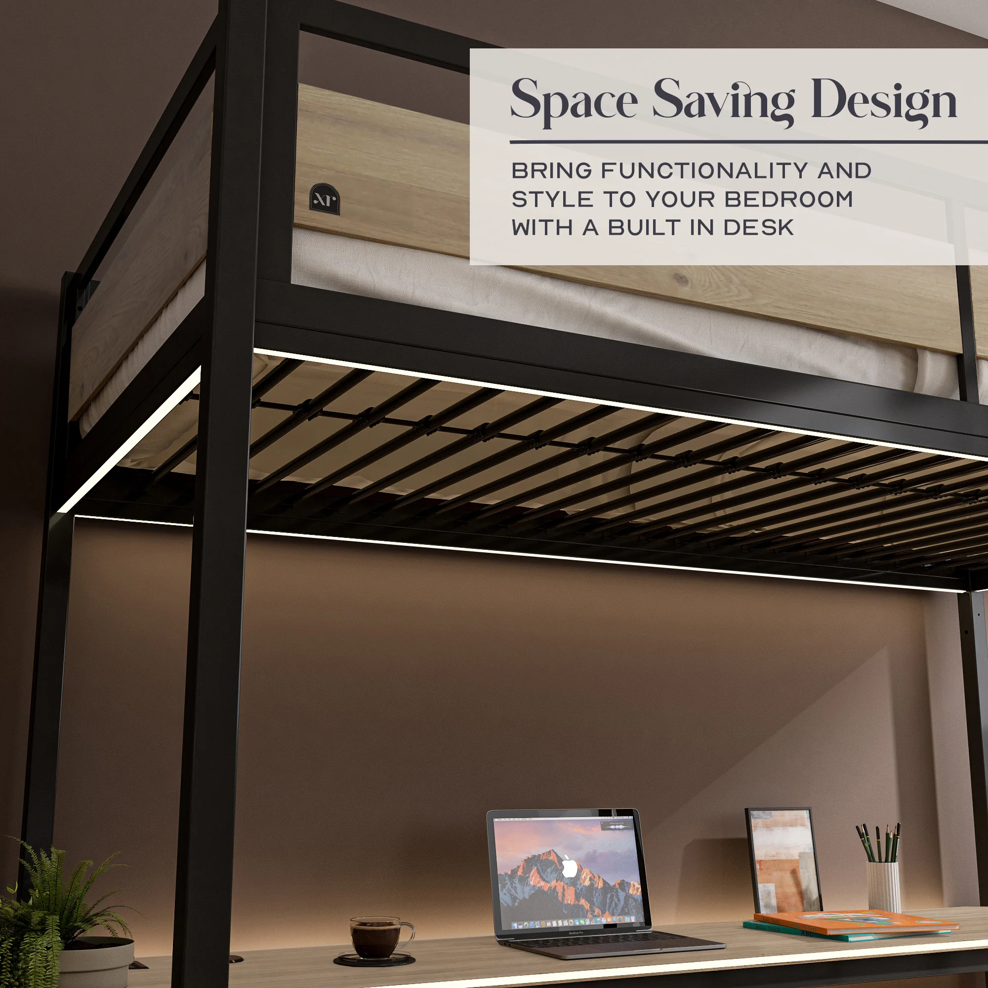 Denver LED High Sleeper Single Bunk Bed with Desk - Oak / Black RGB