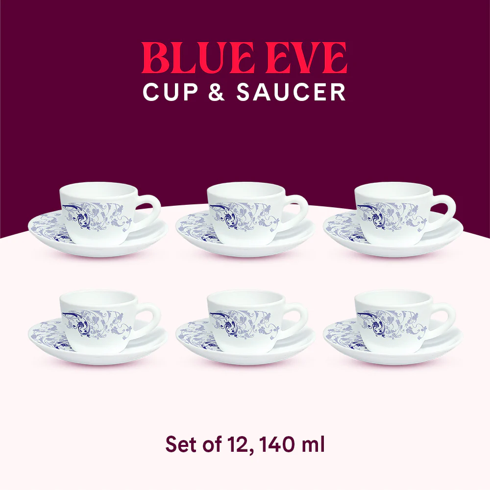 Larah By Borosil Blue Eve Cup n Saucer Set, 140ml x 12