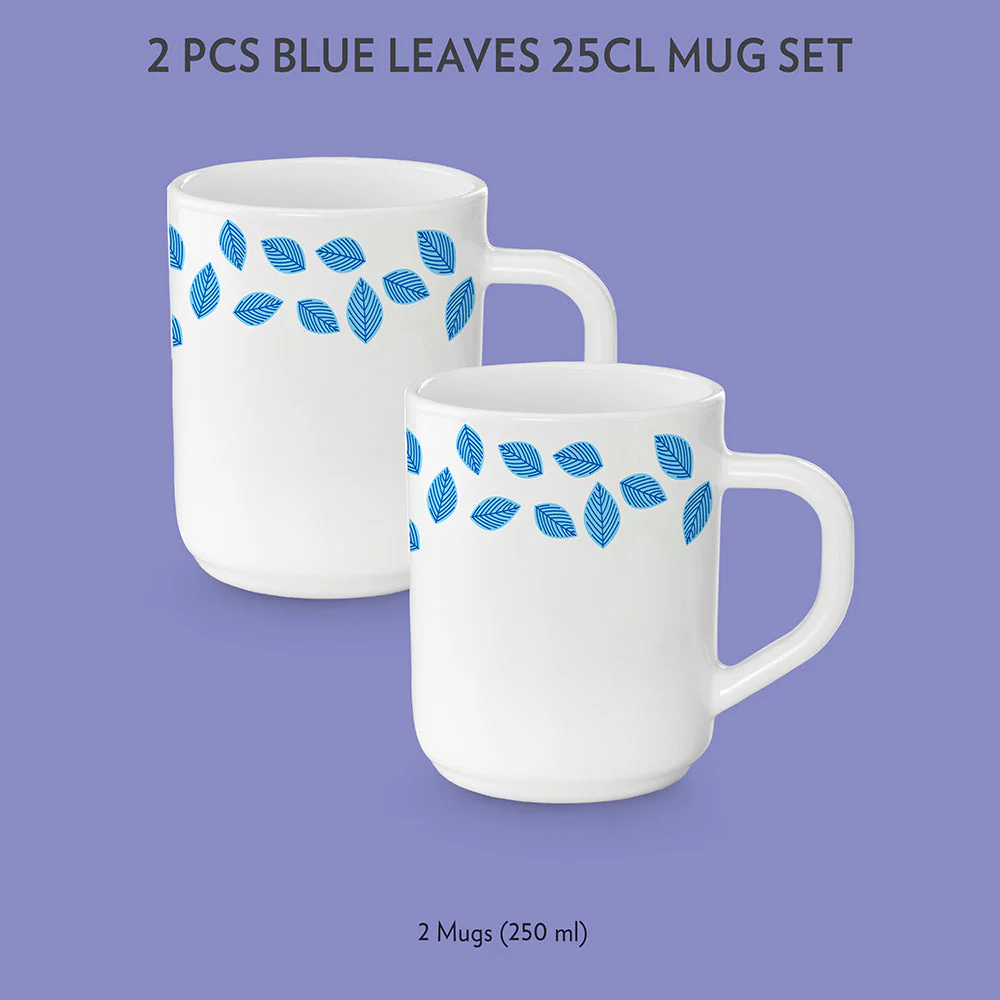 Larah by Borosil Blue Leaves Mug Set, 180ml x 6