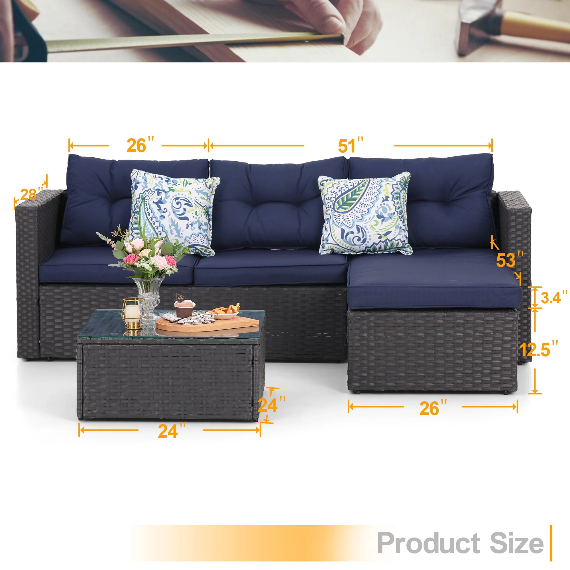 3 Pcs Outdoor Patio Wicker Rattan Sectional Sofa Set