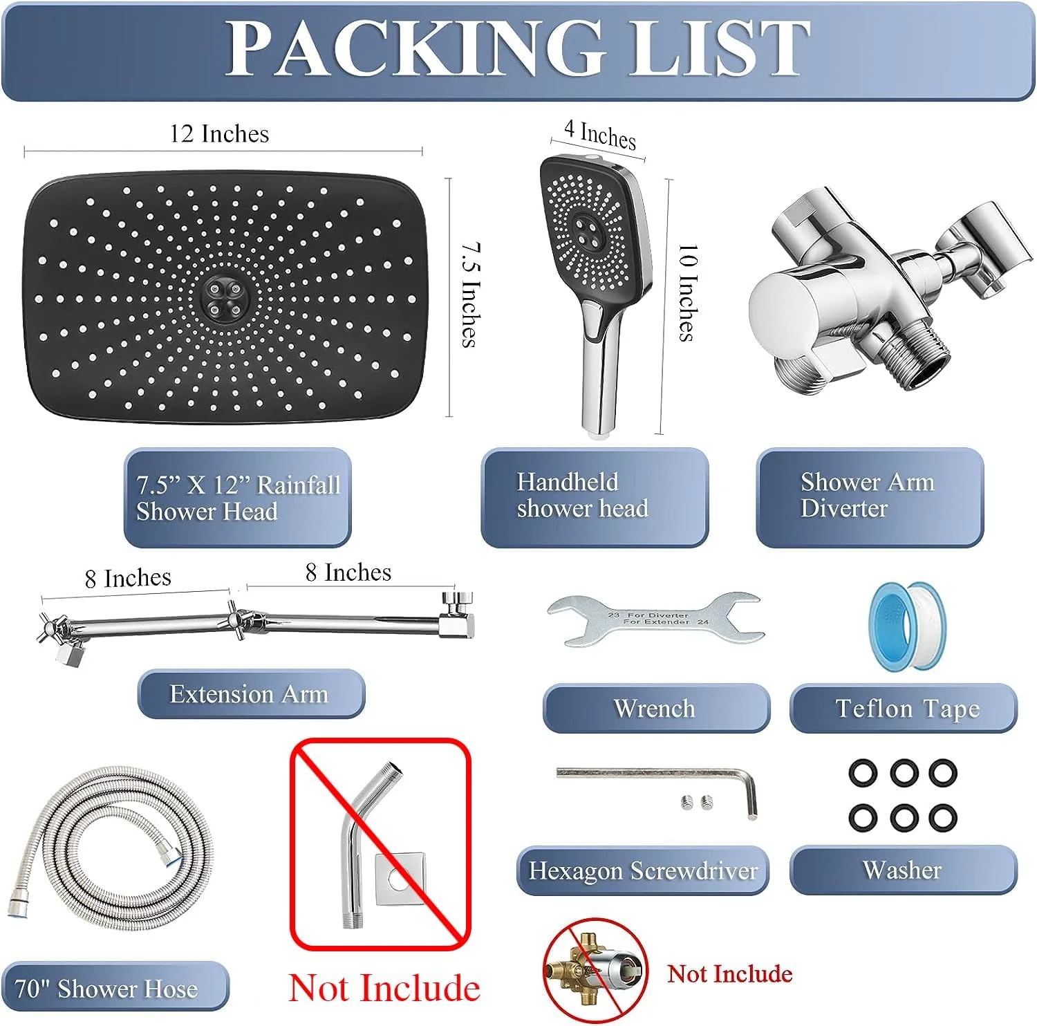 12 Inch Shower Head With With 3+1 Settings Handheld Spray, Including 3-Way Diverter, Extension Arm, Height/Angle Adjustable